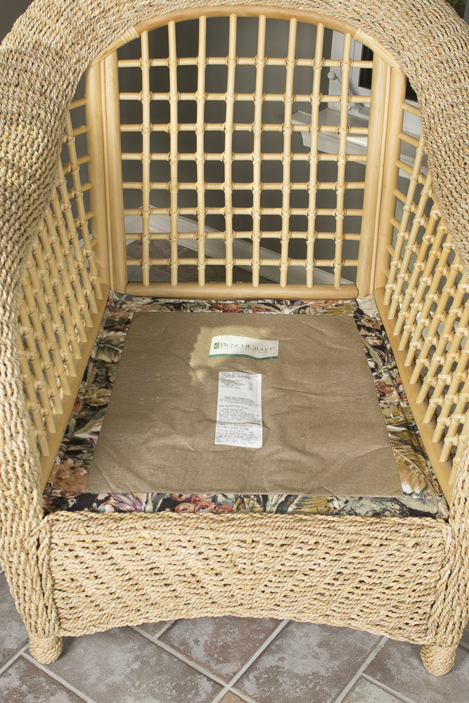BenchCraft Wicker Patio Armchair, Ottoman, and Cushions