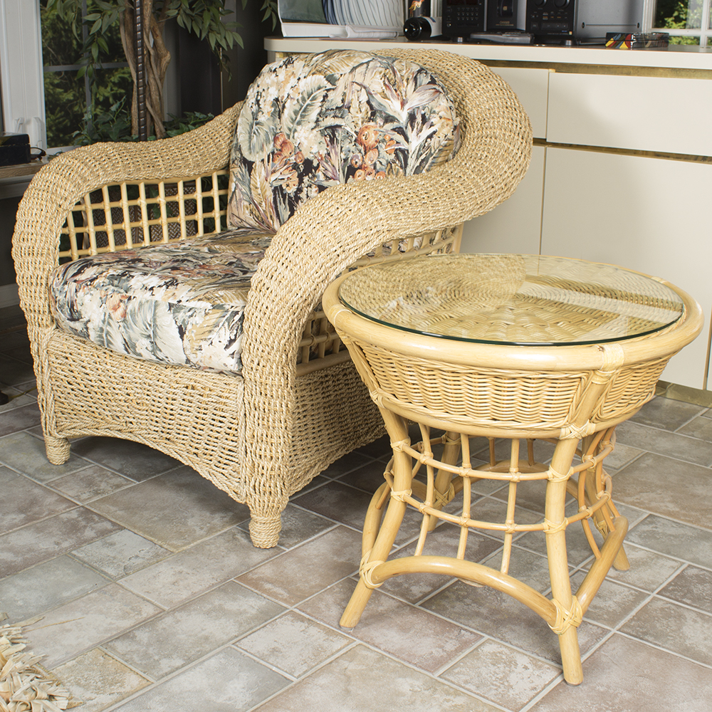 BenchCraft Wicker Patio Armchair with Classic Rattan Glass Top Side Table