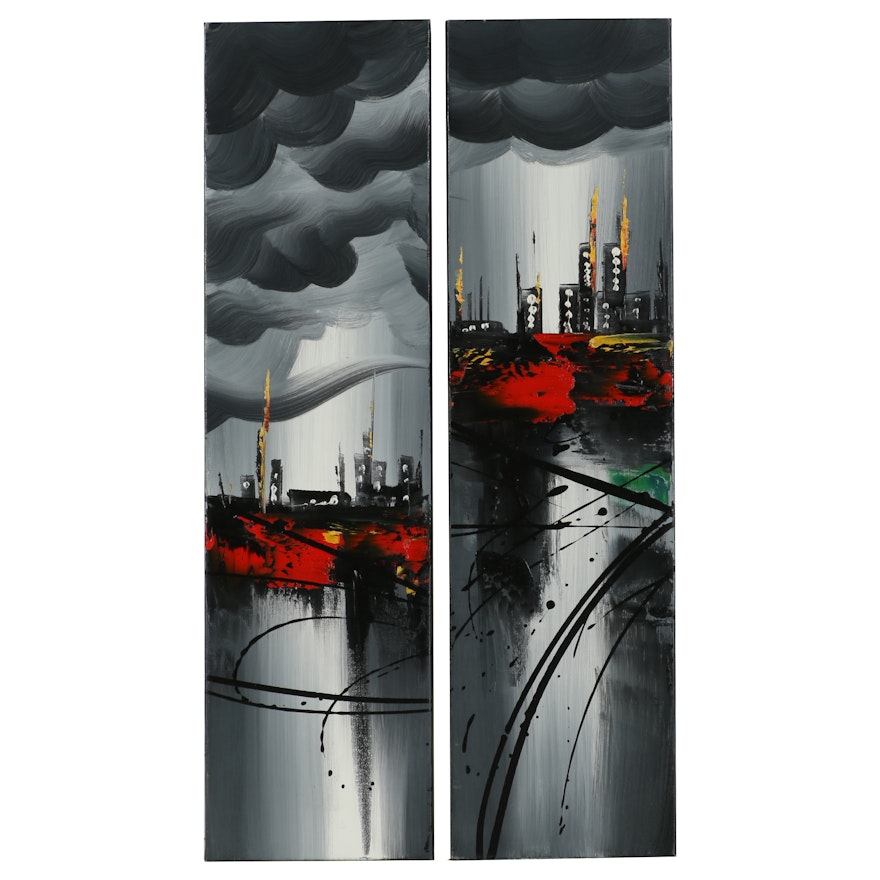 Pair of Acrylic Paintings Depicting Abstract City Scenes