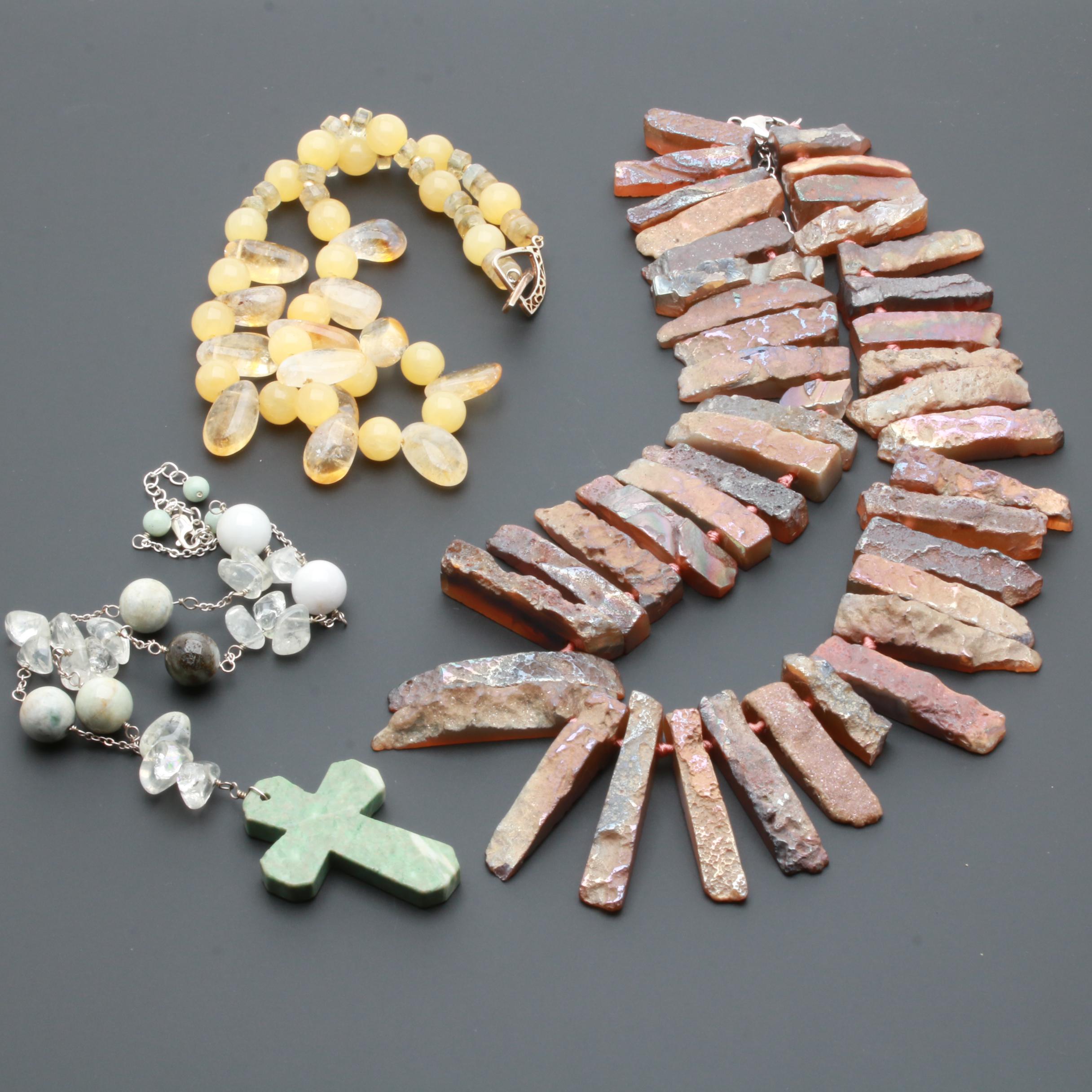 Sterling Silver Gemstone Necklaces Including Quartz, Citrine, and Agate