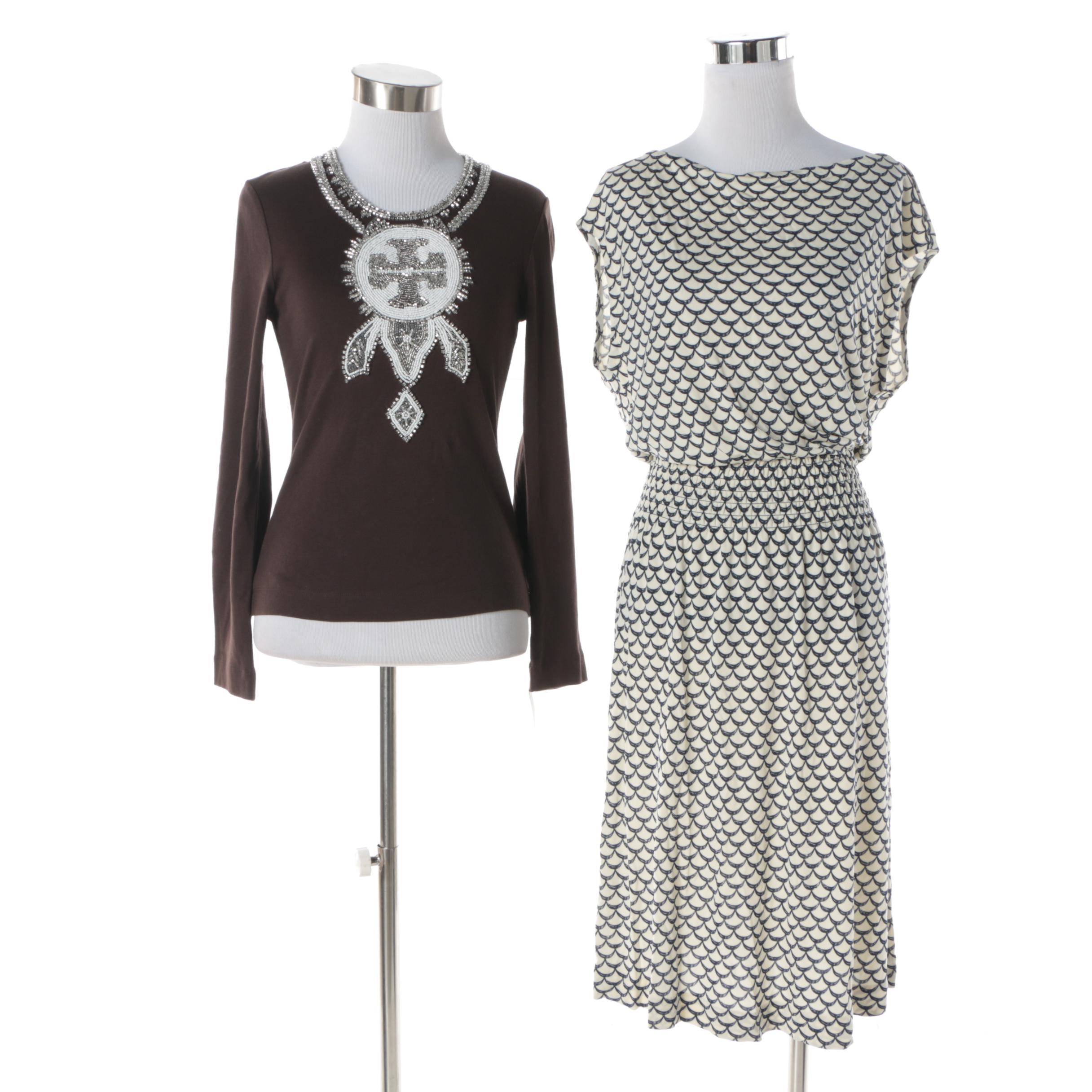 Tory Burch Brown Top with Beads and Tory Burch Justina Scallop-Print Dress