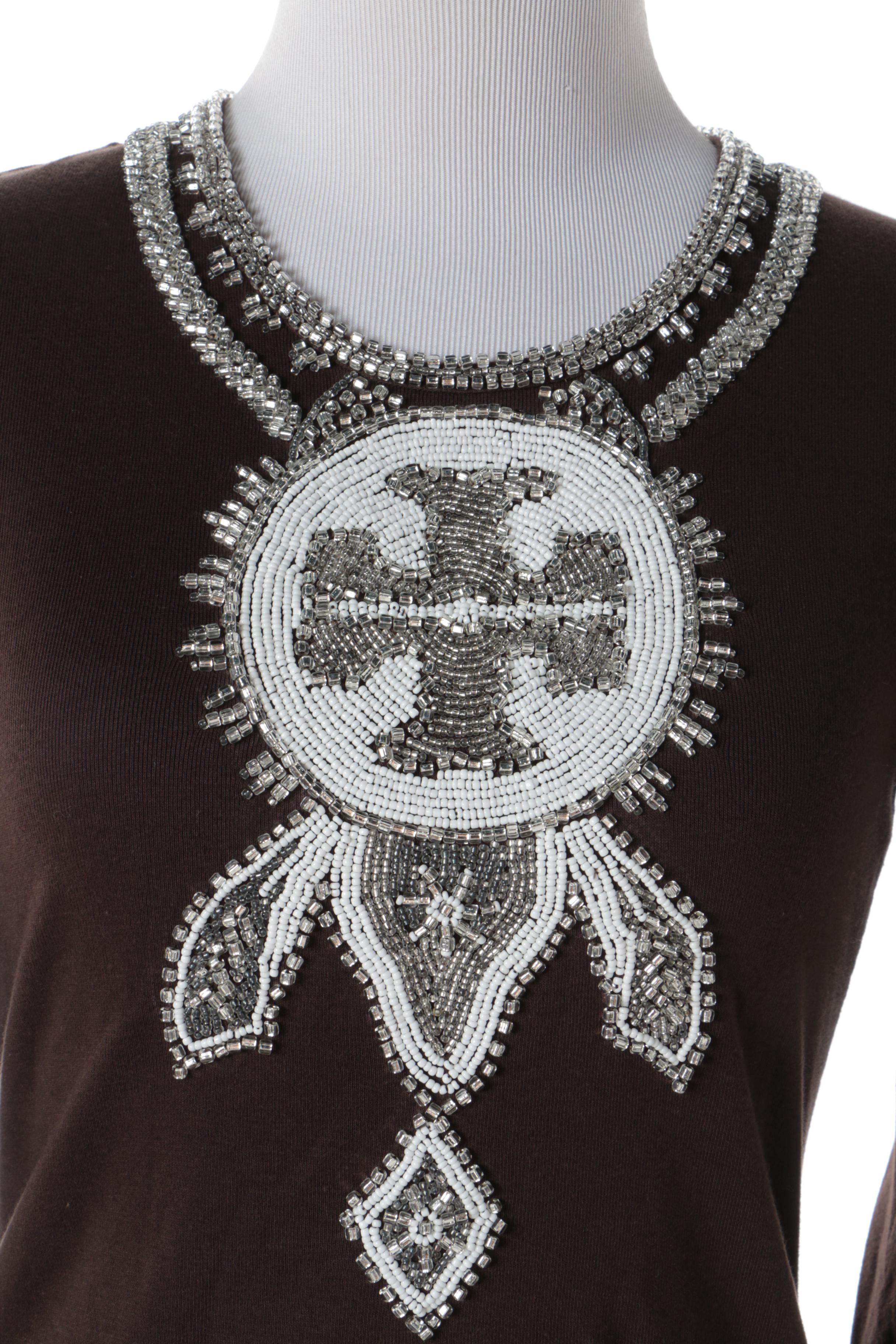 Tory Burch Brown Top with Beads and Tory Burch Justina Scallop-Print Dress