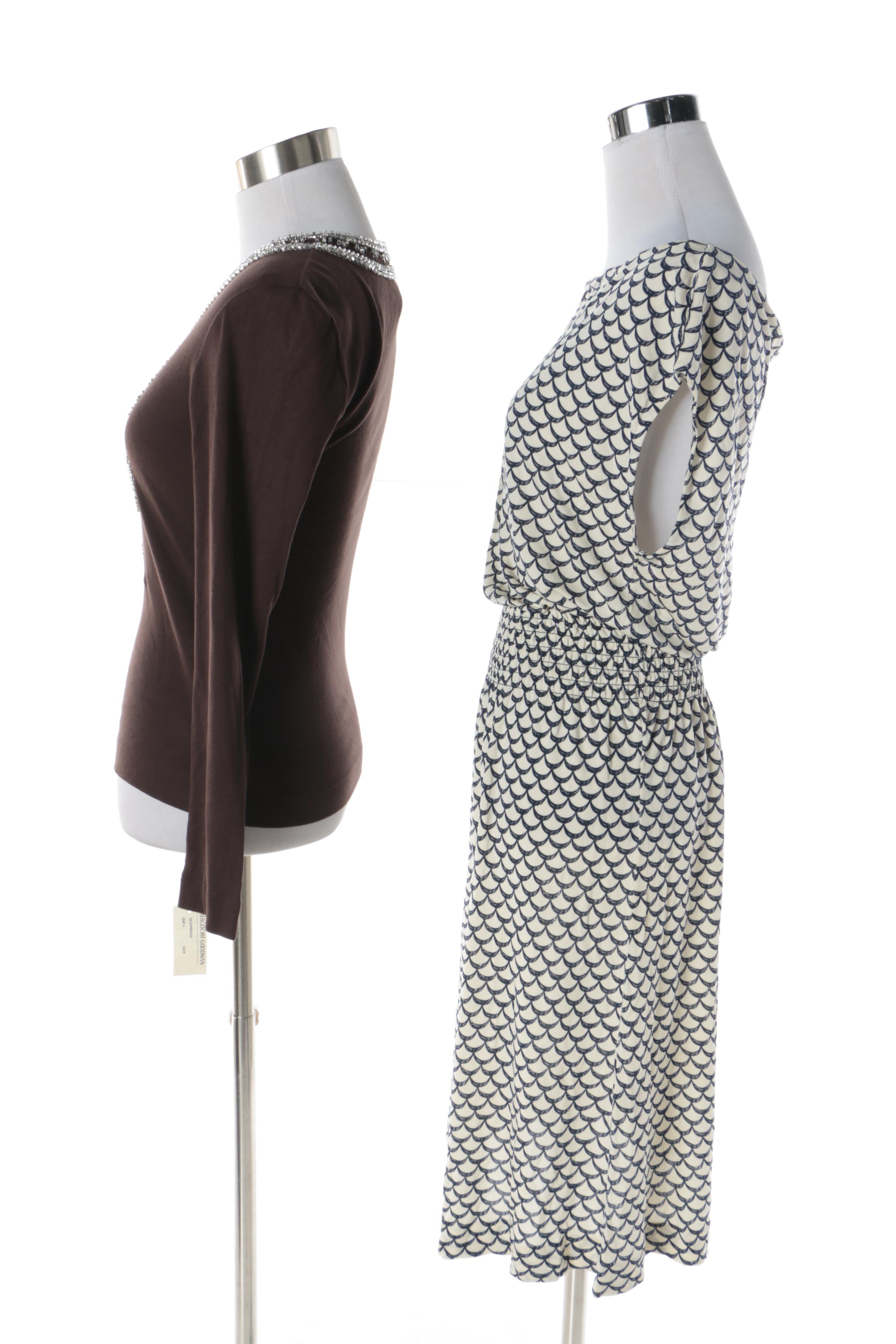 Tory Burch Brown Top with Beads and Tory Burch Justina Scallop-Print Dress