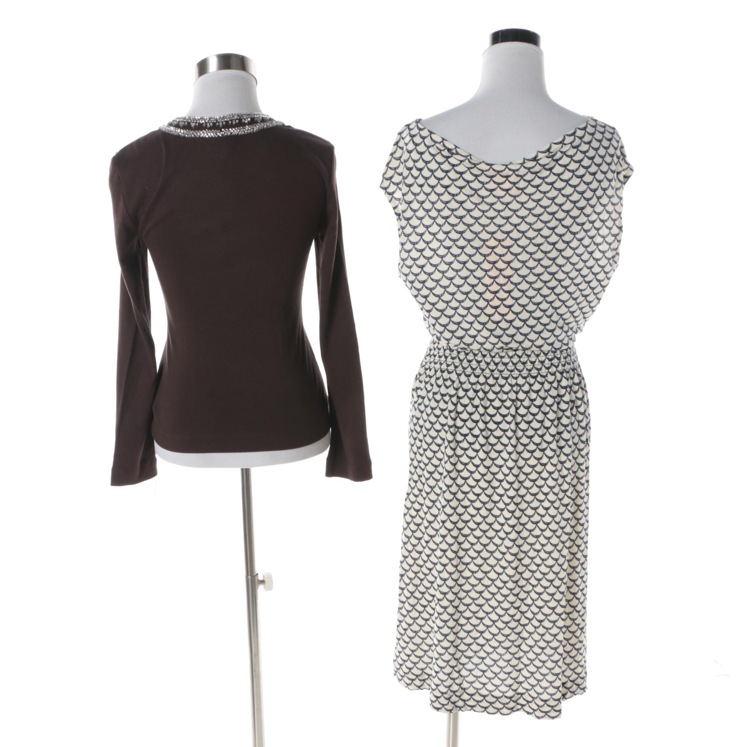 Tory Burch Brown Top with Beads and Tory Burch Justina Scallop-Print Dress