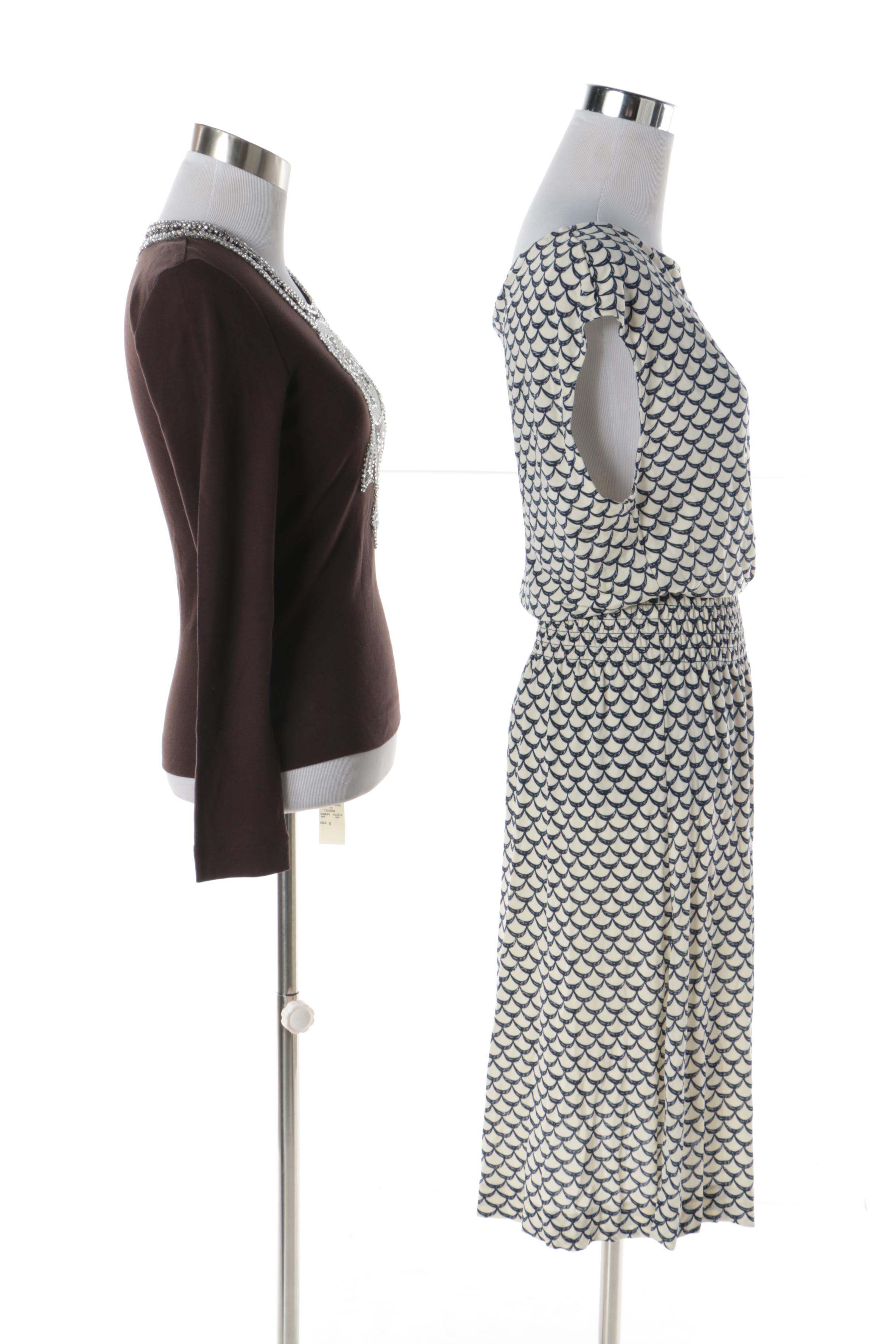 Tory Burch Brown Top with Beads and Tory Burch Justina Scallop-Print Dress