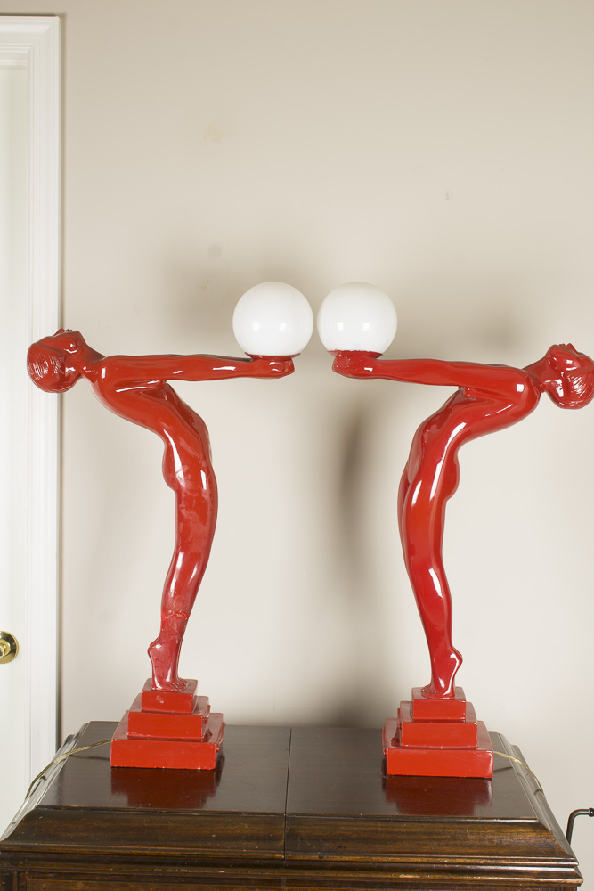 Red Art Deco Style Figural Table Lamps After Max Le Verrier "Clarte"