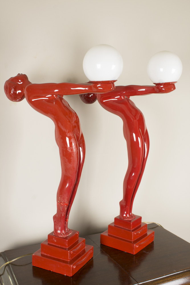 Red Art Deco Style Figural Table Lamps After Max Le Verrier "Clarte"