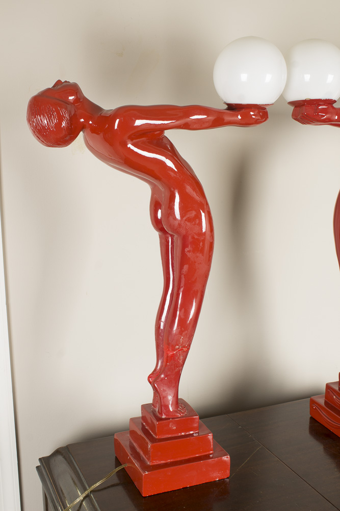 Red Art Deco Style Figural Table Lamps After Max Le Verrier "Clarte"