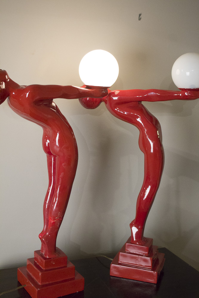 Red Art Deco Style Figural Table Lamps After Max Le Verrier "Clarte"
