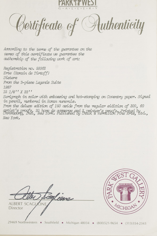 Erte Embossed Serigraph "Sisters"