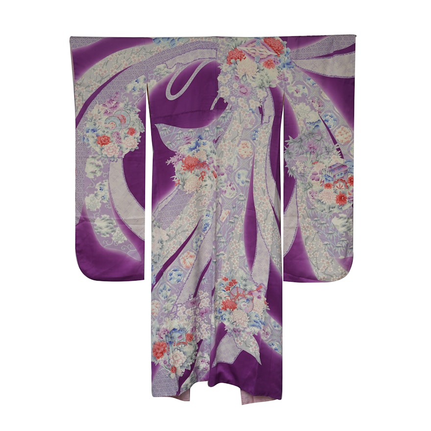 Circa 1940s Vintage Handwoven Silk Satin Furisode Kimono