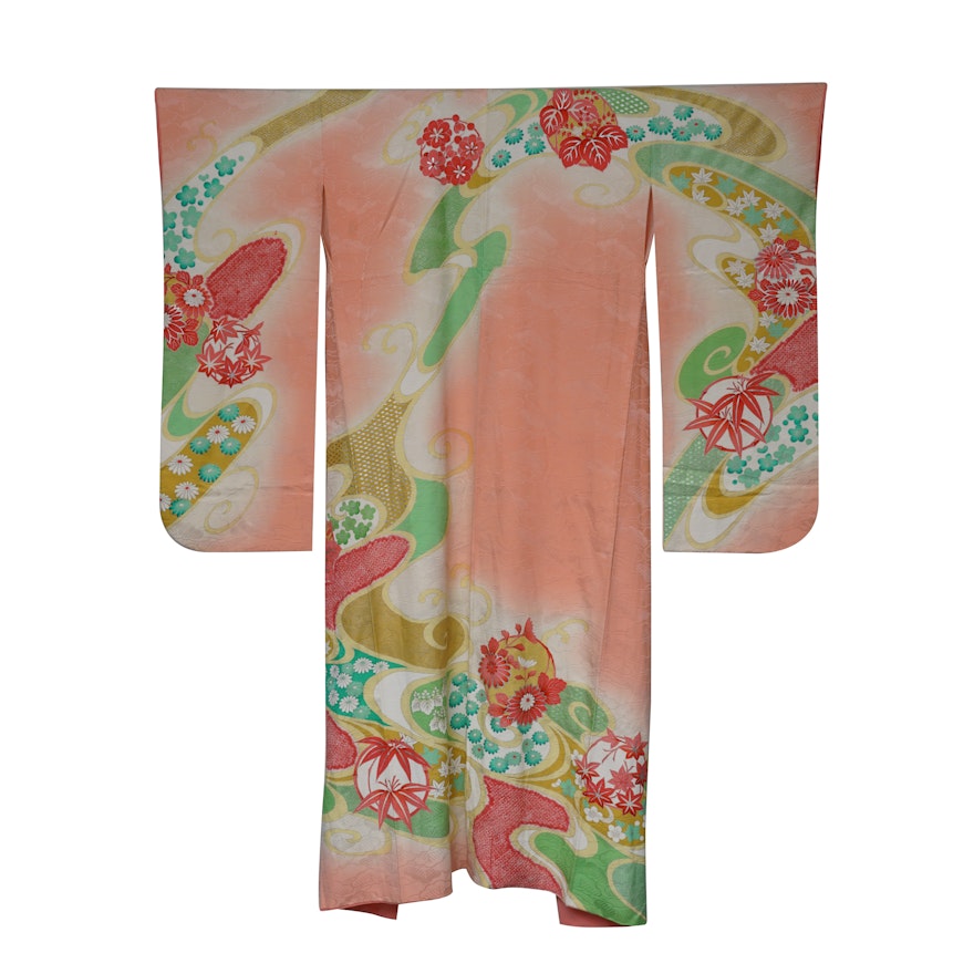 Circa 1940s Vintage Handwoven Silk Damask Furisode Kimono