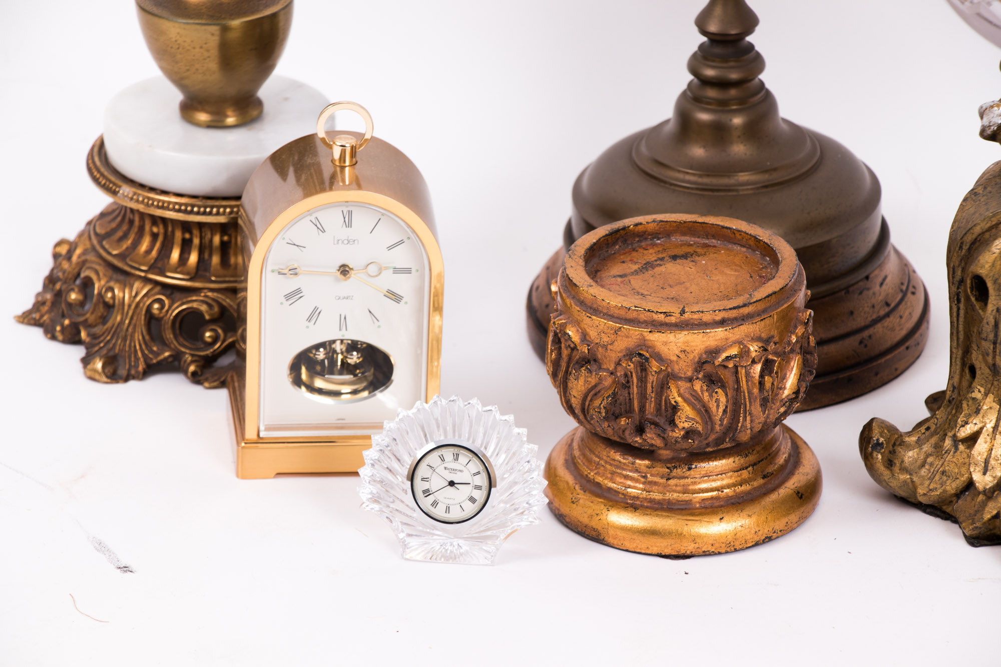 Vintage Gold Toned Home Decor including Waterford and Linden Desk Clocks