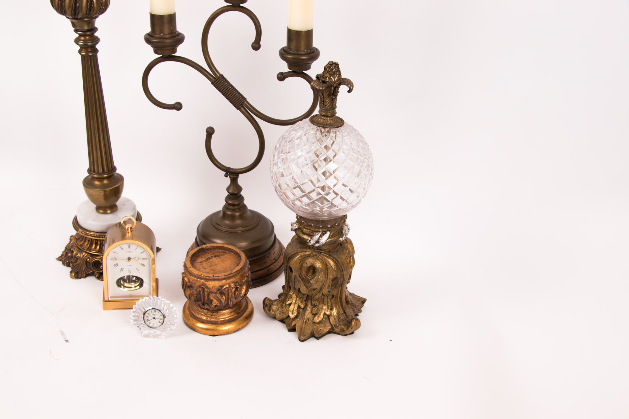 Vintage Gold Toned Home Decor including Waterford and Linden Desk Clocks