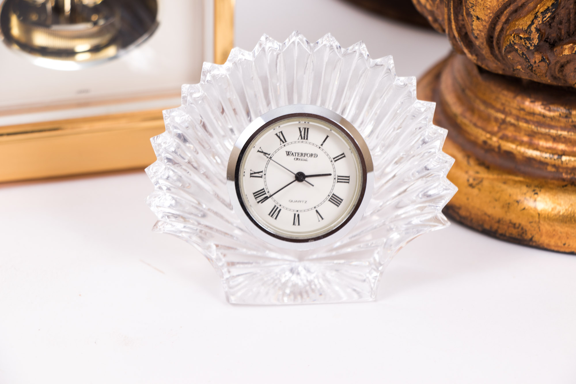 Vintage Gold Toned Home Decor including Waterford and Linden Desk Clocks