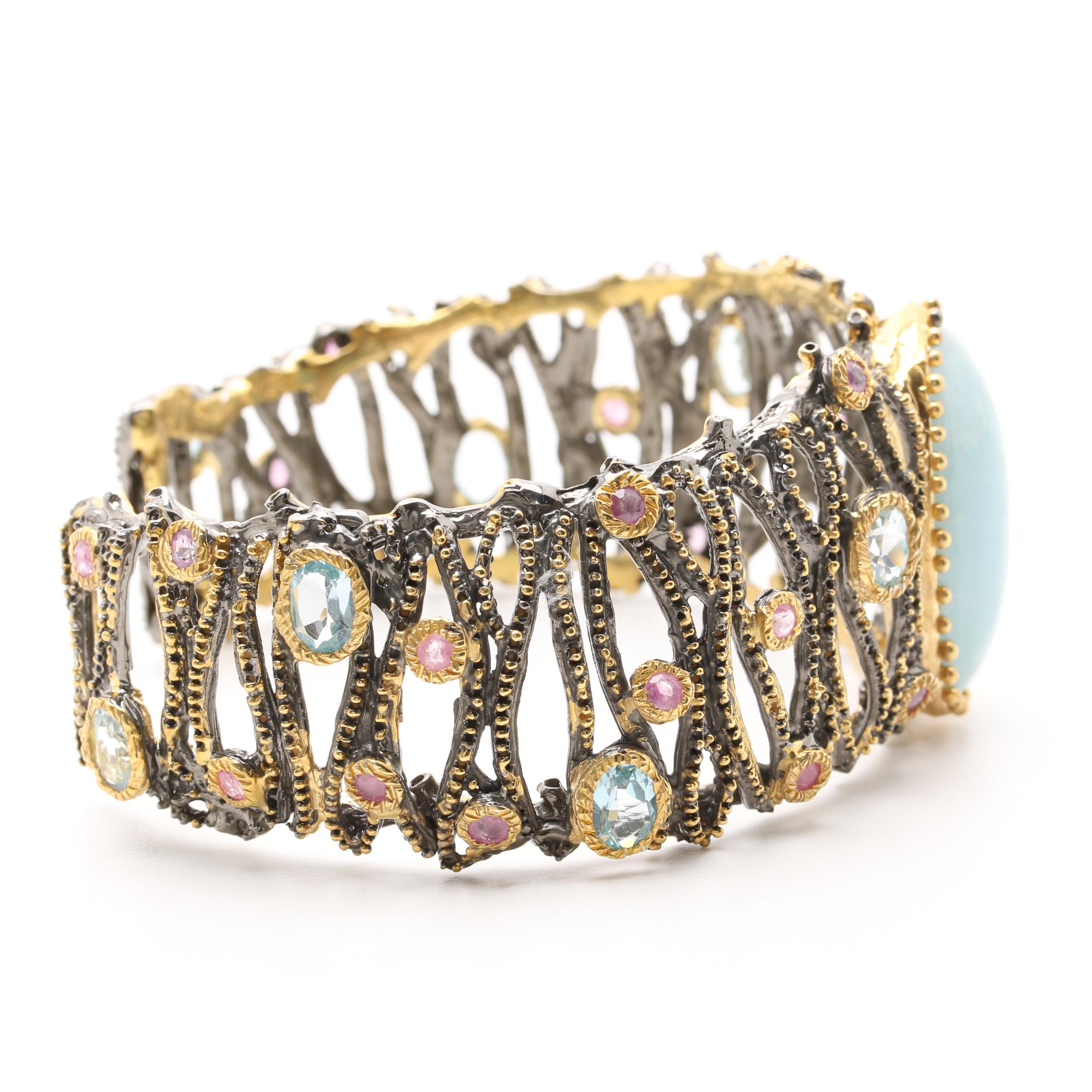 Gold Wash on Sterling Silver Aquamarine Cuff Bracelet with Blue Topaz and Ruby
