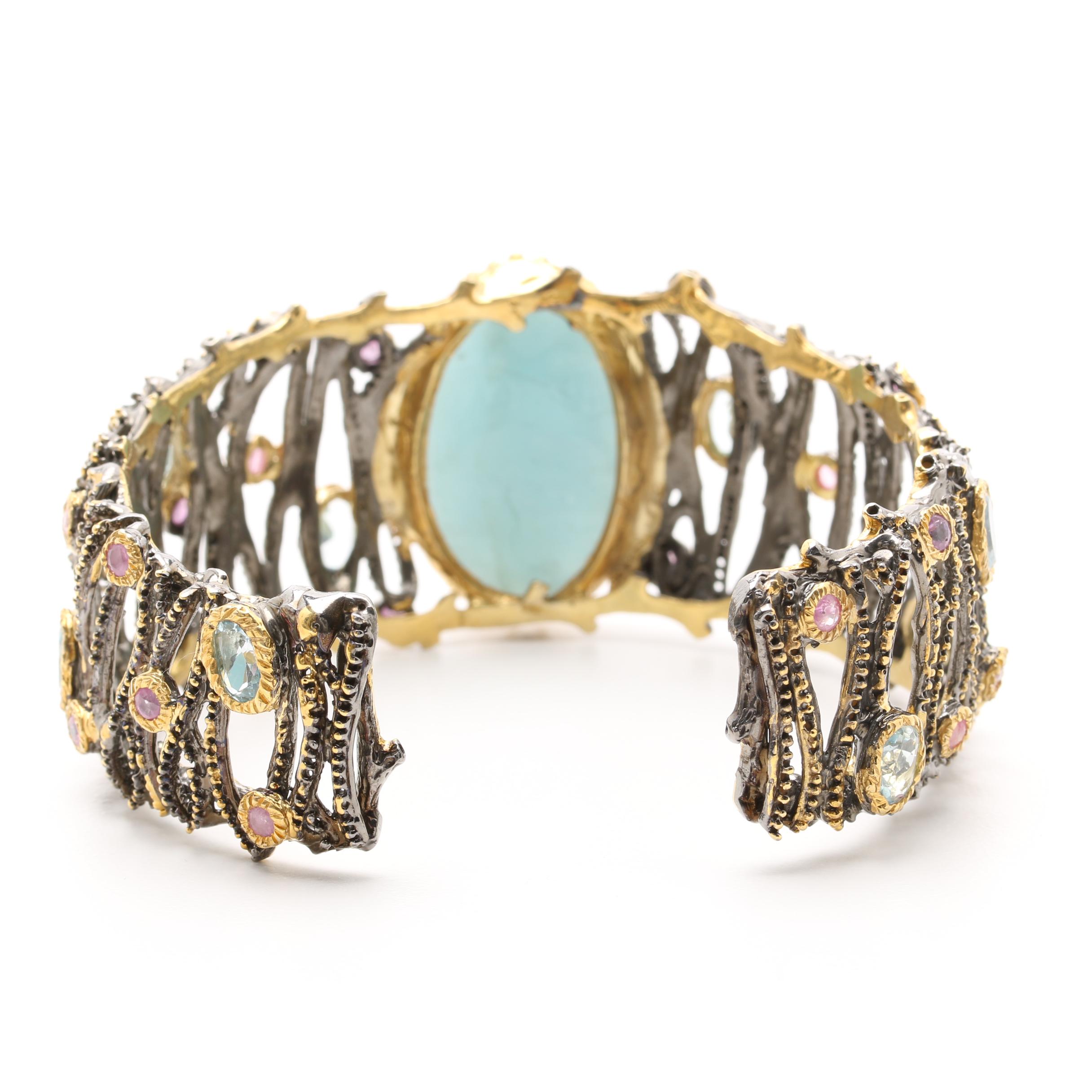 Gold Wash on Sterling Silver Aquamarine Cuff Bracelet with Blue Topaz and Ruby