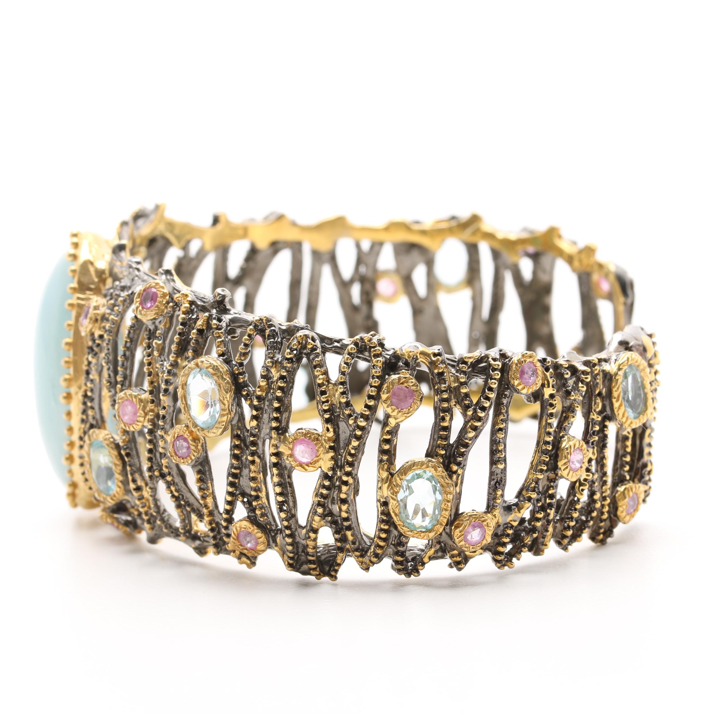 Gold Wash on Sterling Silver Aquamarine Cuff Bracelet with Blue Topaz and Ruby