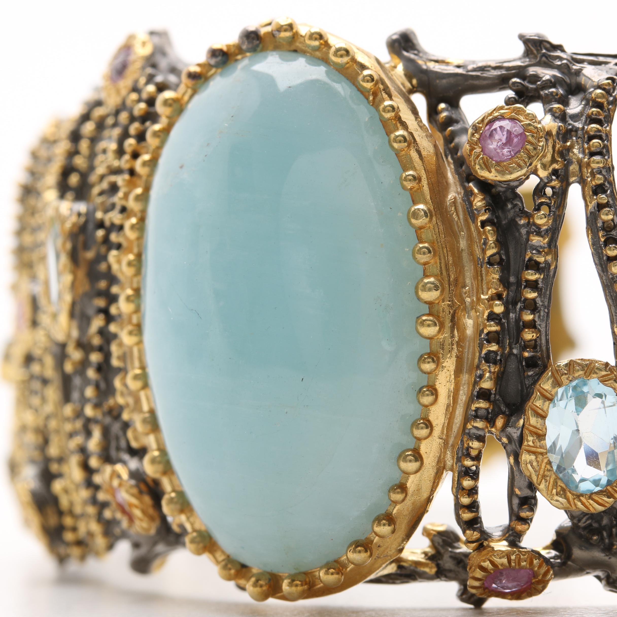 Gold Wash on Sterling Silver Aquamarine Cuff Bracelet with Blue Topaz and Ruby