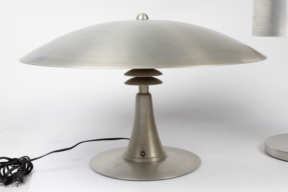 Two Modernica Mid Century Modern Brushed Metal Table Lamps