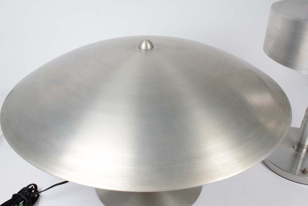 Two Modernica Mid Century Modern Brushed Metal Table Lamps