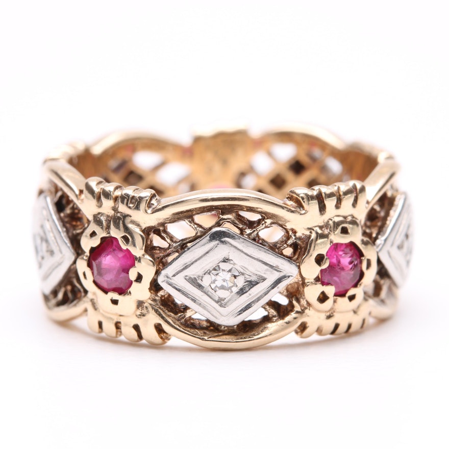 Vintage 14K Yellow Gold Synthetic Ruby and Diamond Ring with Palladium Accents