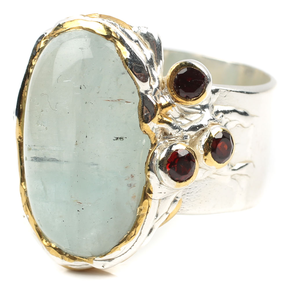 Sterling Silver 7.35 CT Aquamarine and Garnet Ring