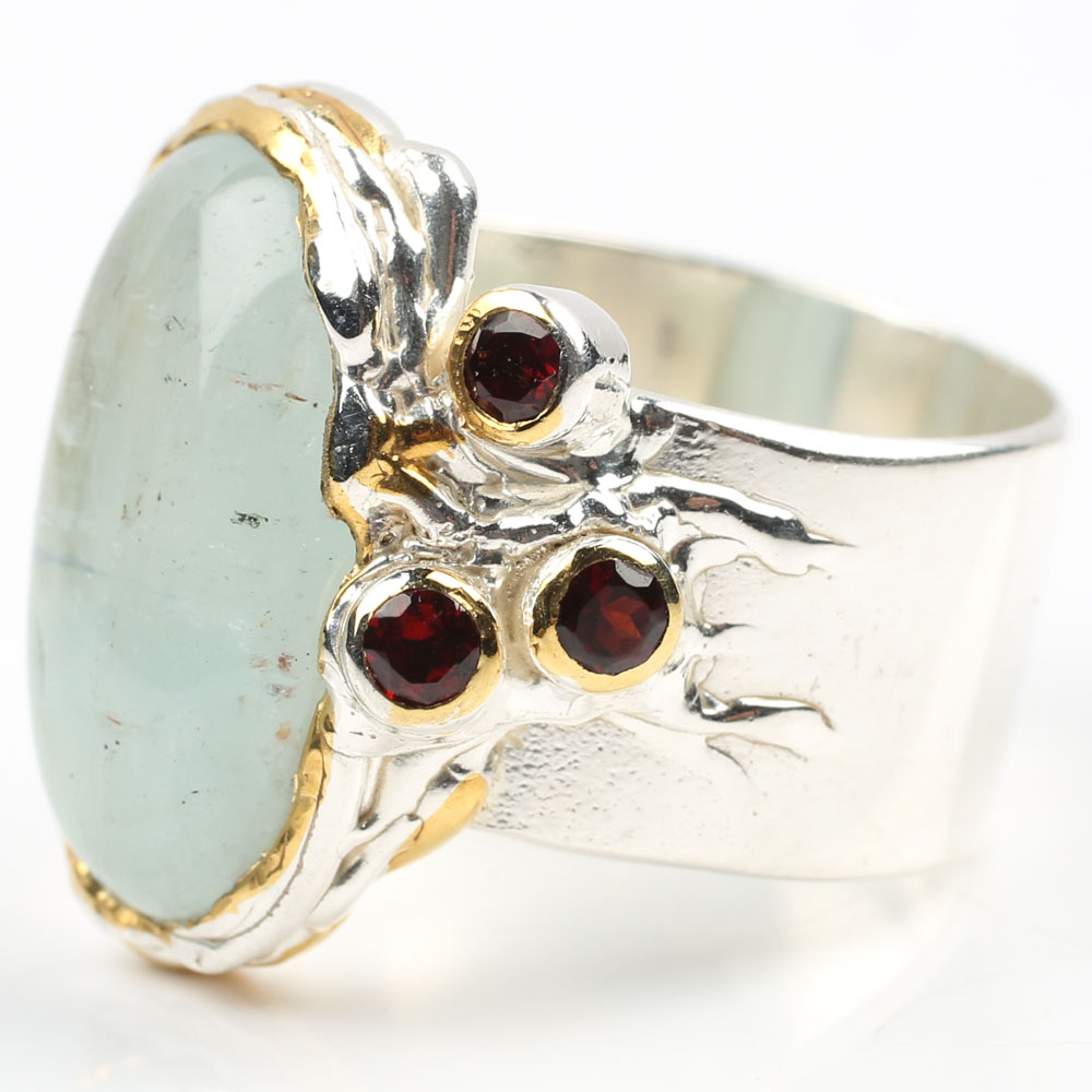 Sterling Silver 7.35 CT Aquamarine and Garnet Ring