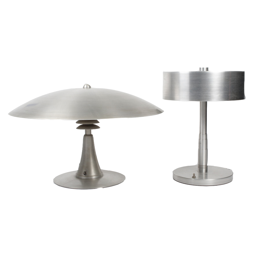 Two Modernica Mid Century Modern Brushed Metal Table Lamps
