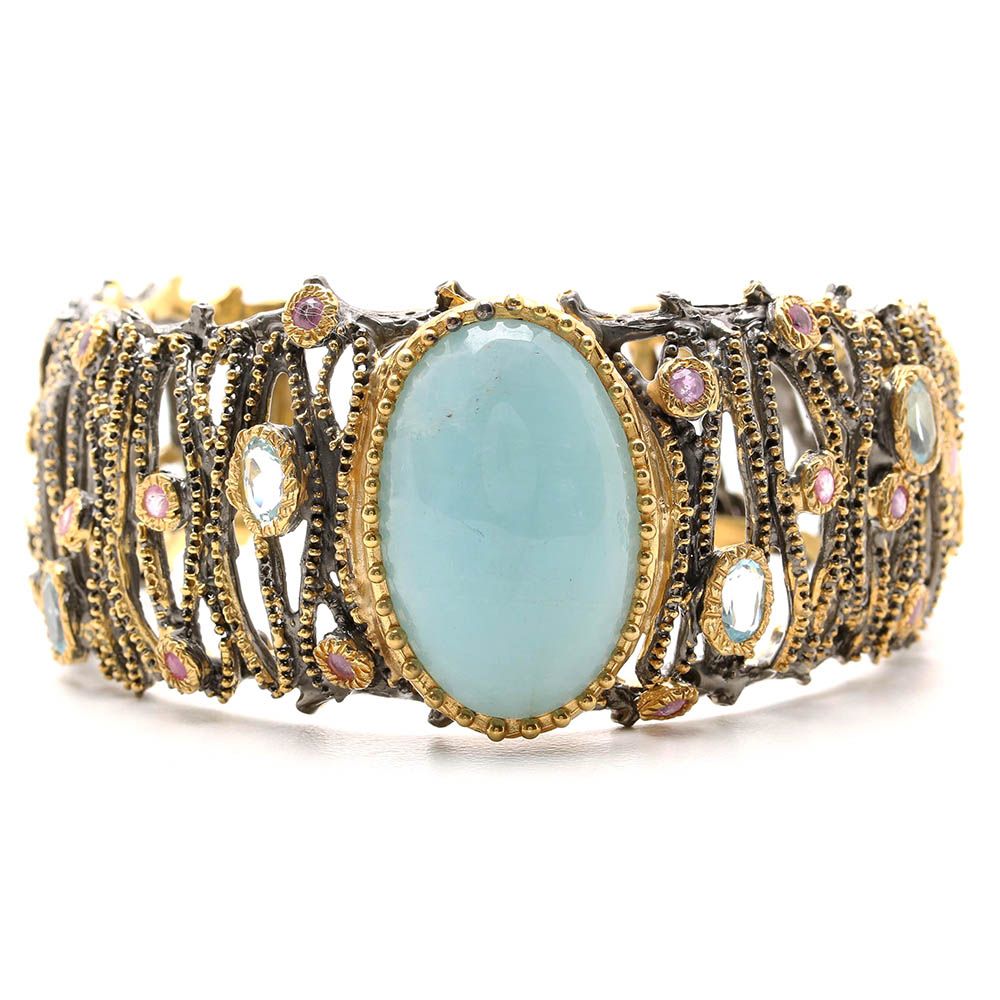 Gold Wash on Sterling Silver Aquamarine Cuff Bracelet with Blue Topaz and Ruby