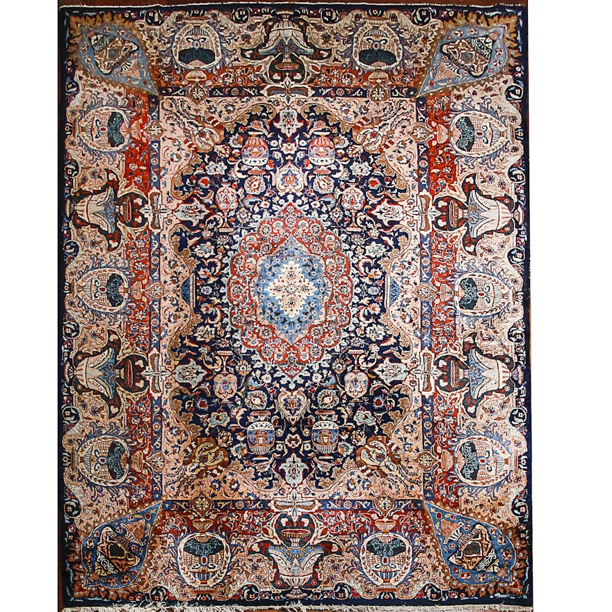 Vintage Hand-Knotted Persian Pictorial Kashan Area Rug