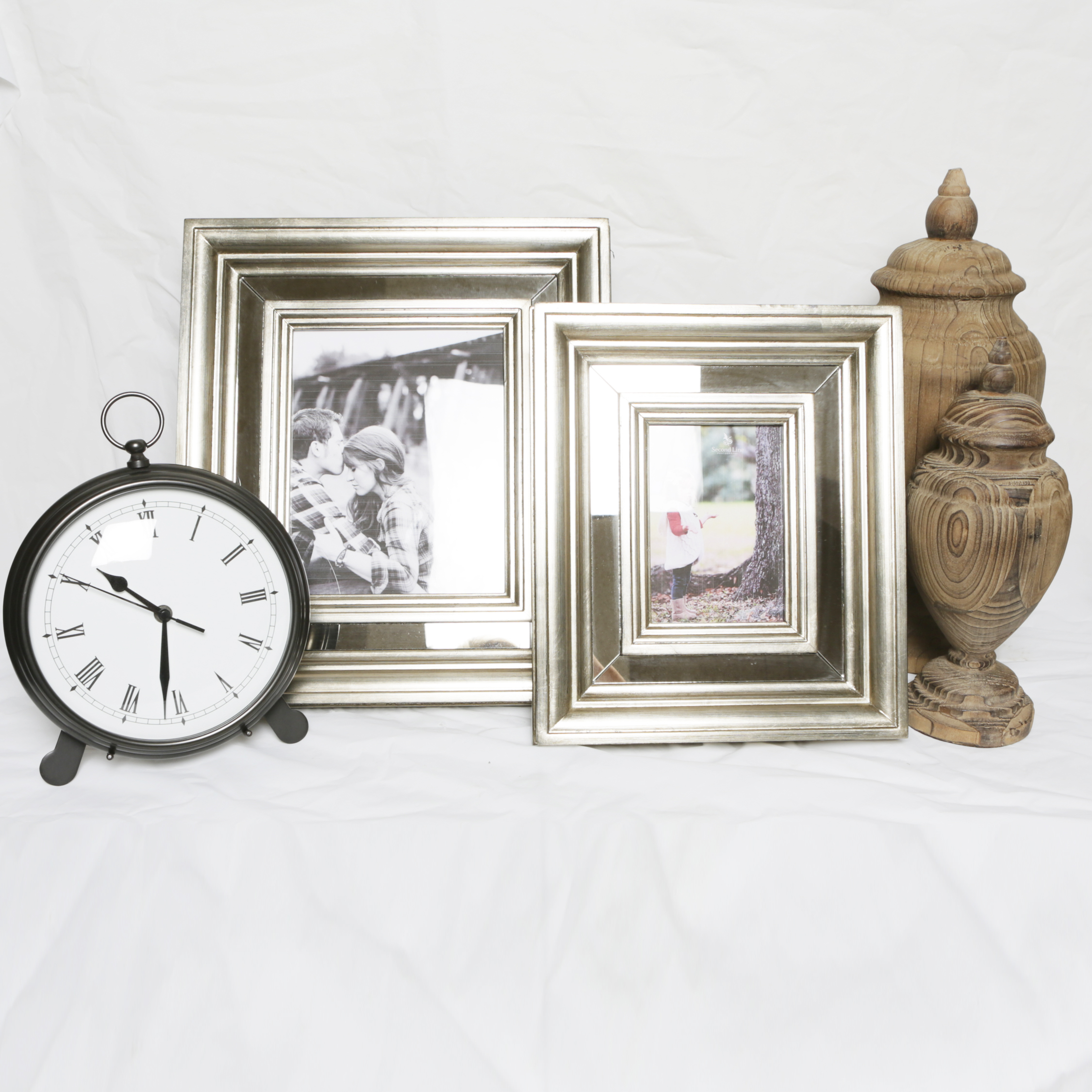 Pottery Barn "Pocket Watch" Clock with Mirrored Picture Frames