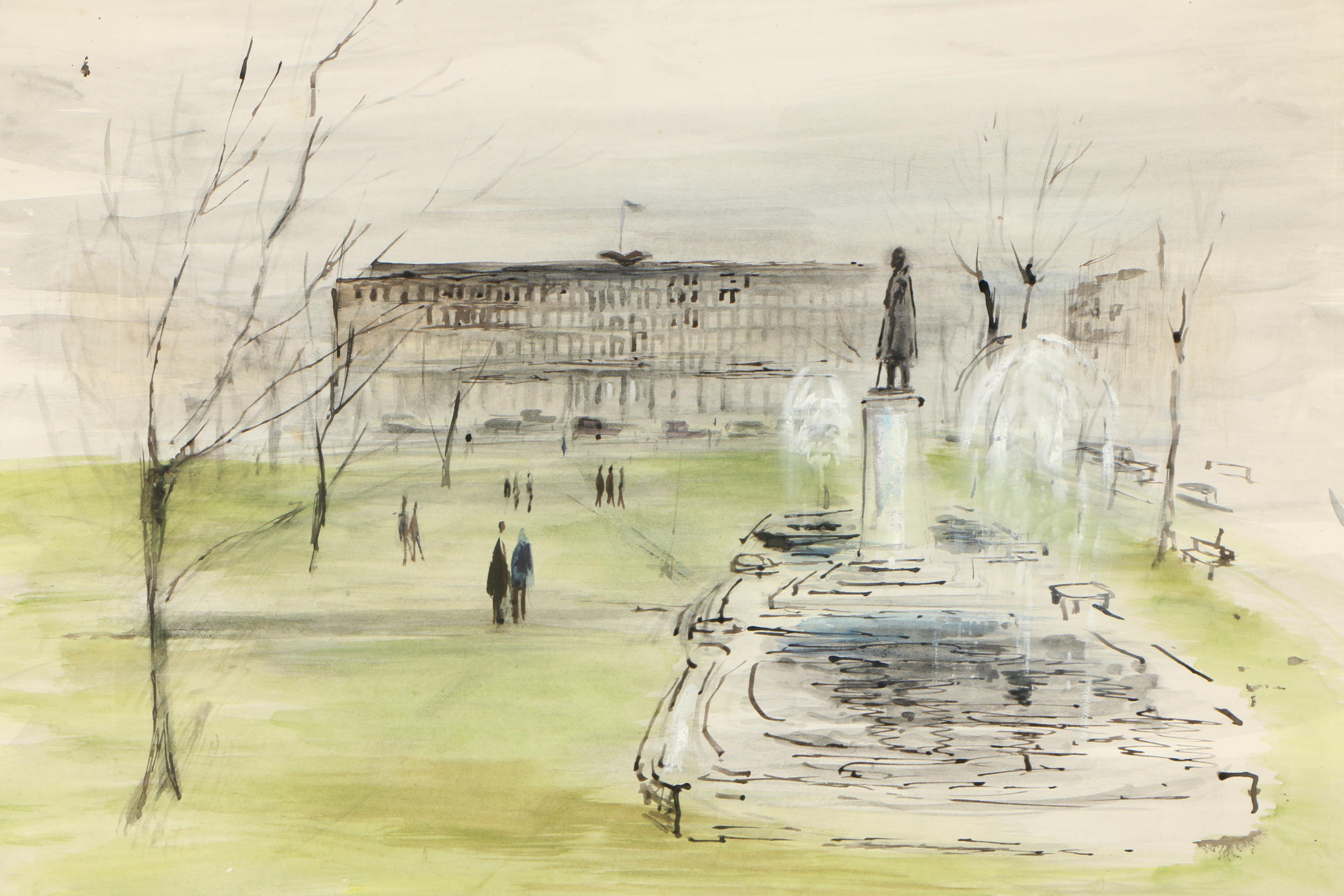 Violet Hilda Drummond Ink and Watercolor Painting "Grosvenor Square, London"