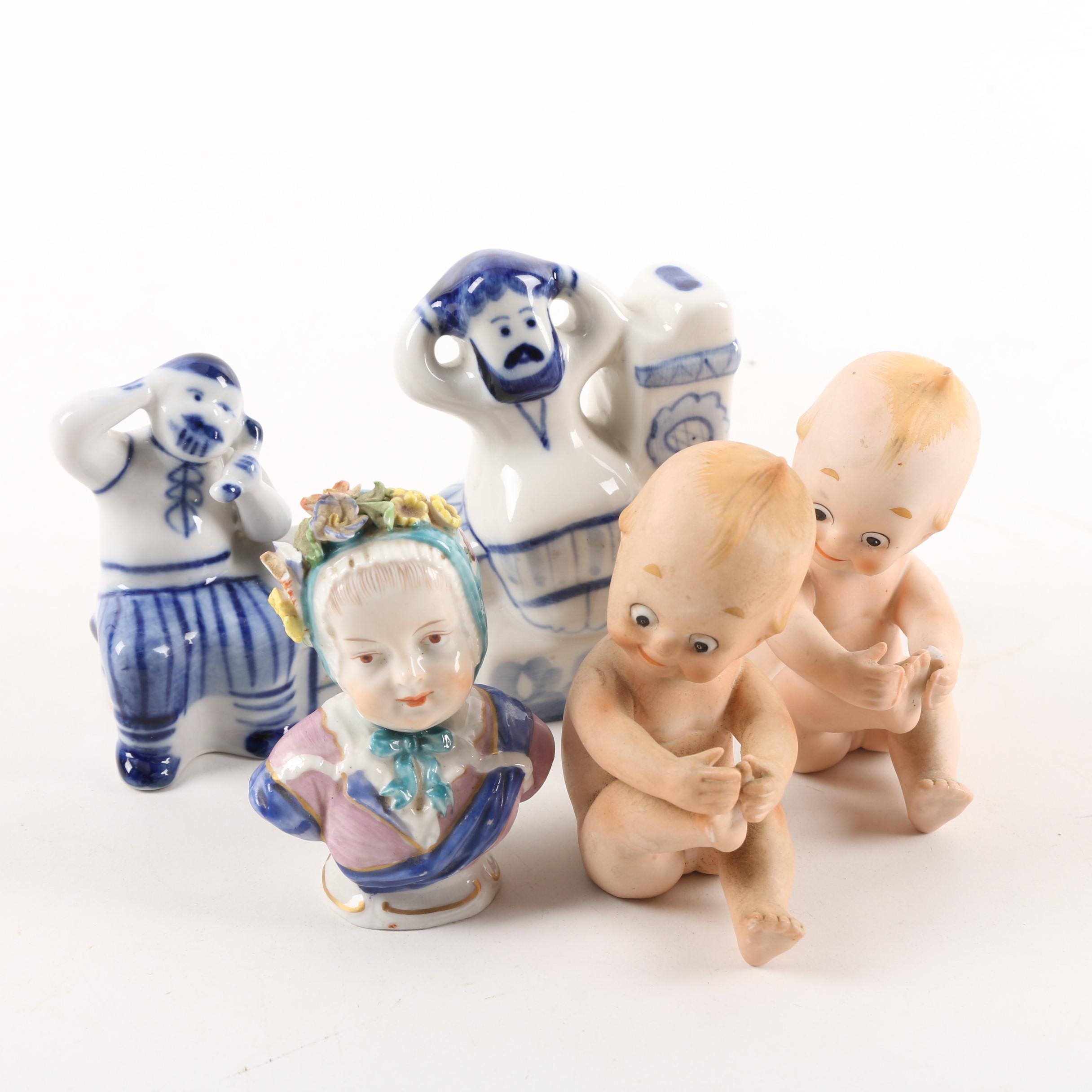 Vintage Russian Gzhel and Kewpie Style Ceramic Figurines