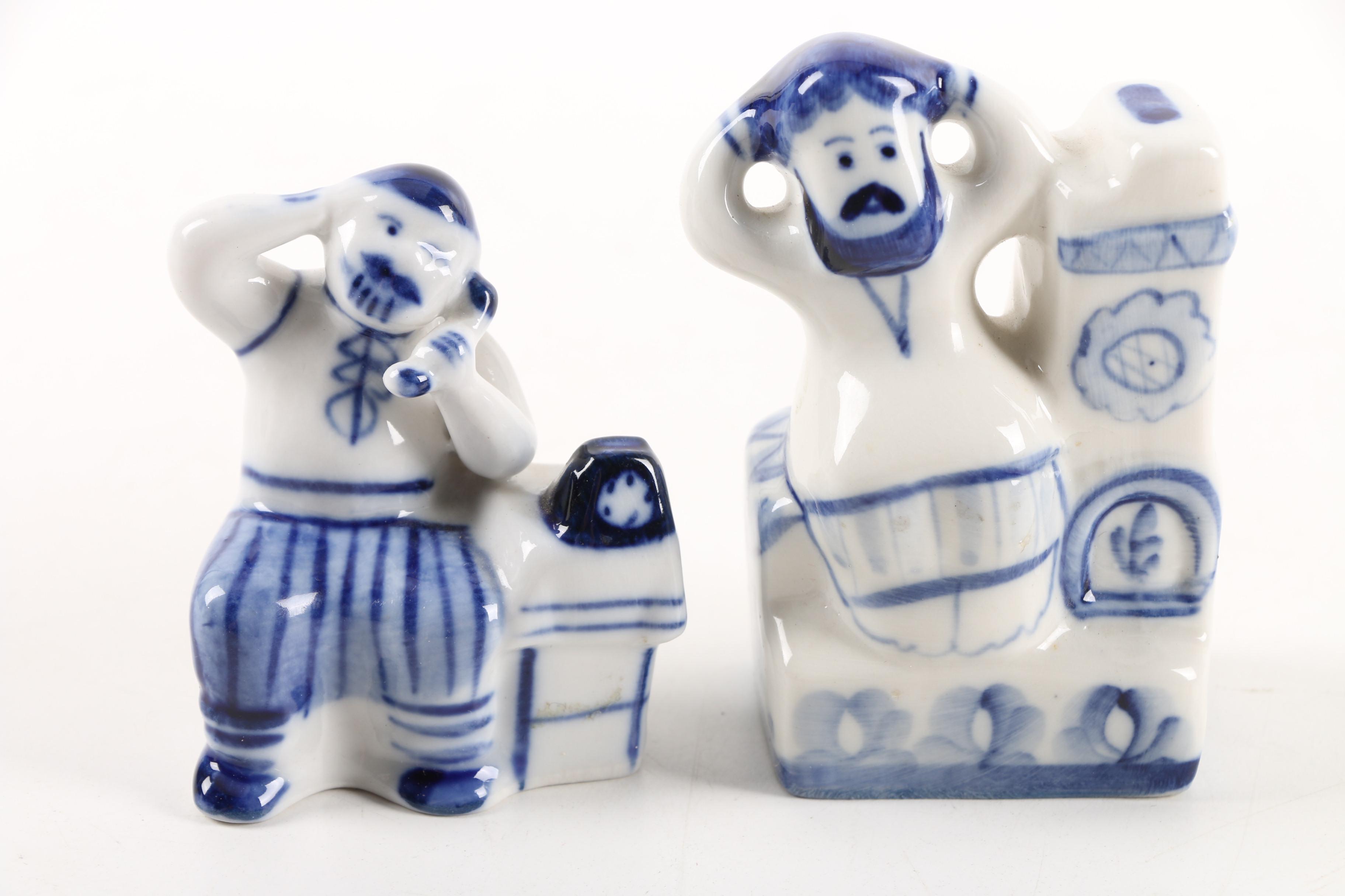 Vintage Russian Gzhel and Kewpie Style Ceramic Figurines