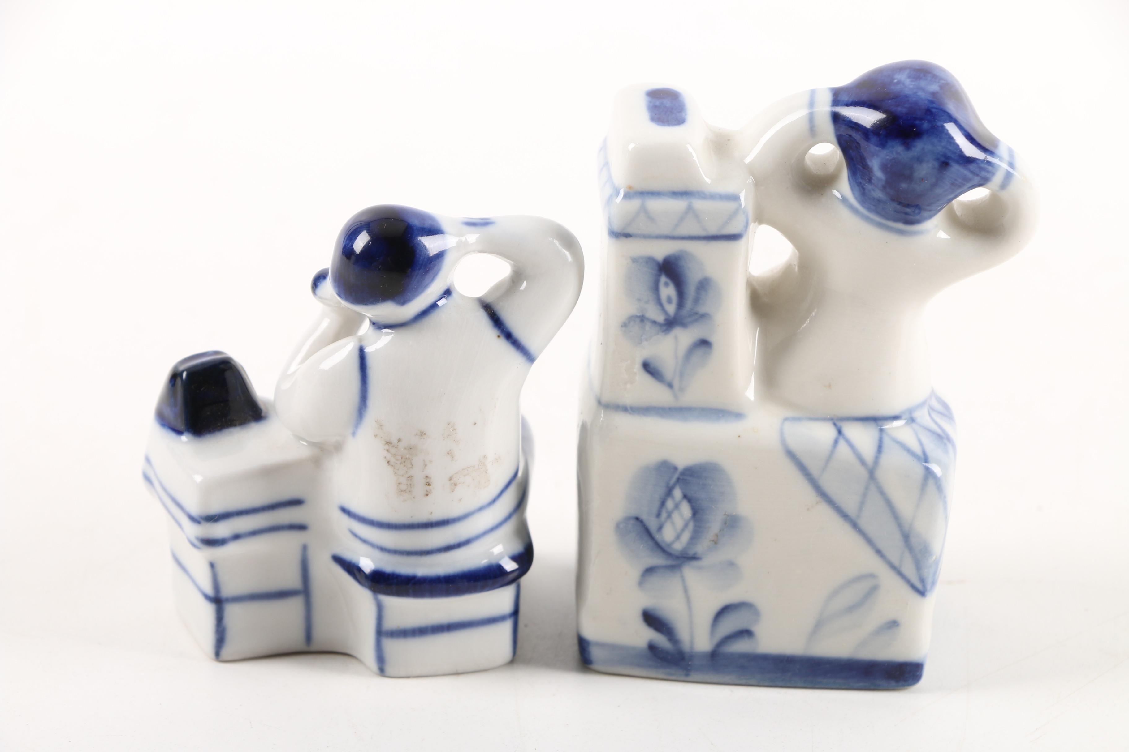 Vintage Russian Gzhel and Kewpie Style Ceramic Figurines