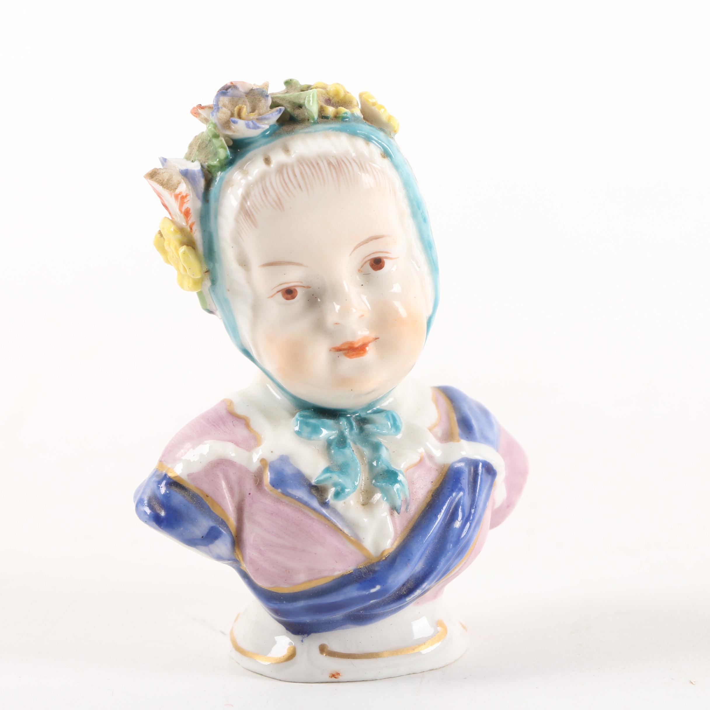 Vintage Russian Gzhel and Kewpie Style Ceramic Figurines