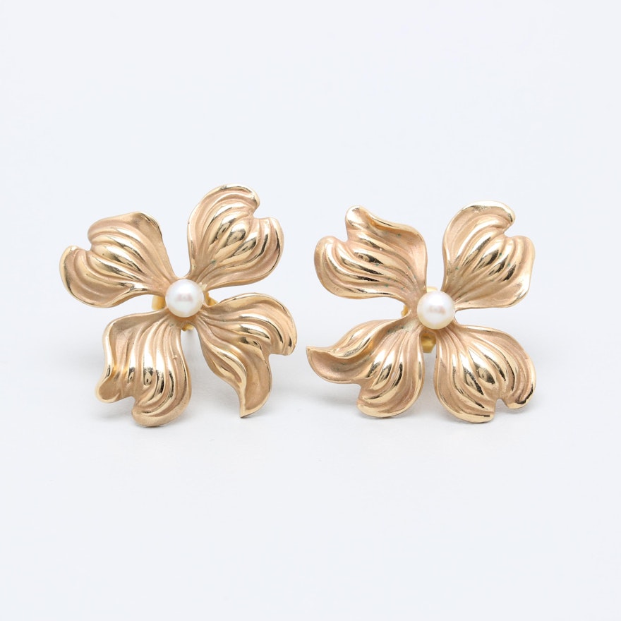 14K Yellow Gold Cultured Pearl Floral Earrings