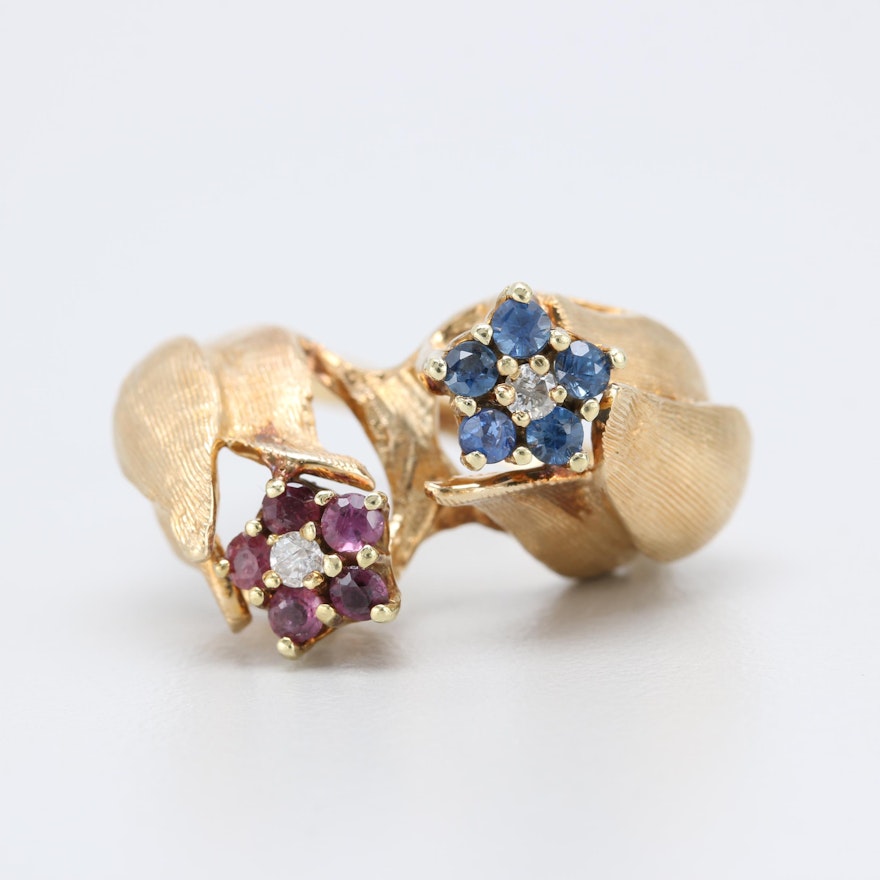 14K Yellow Gold Diamond, Blue Sapphire and Ruby Ring