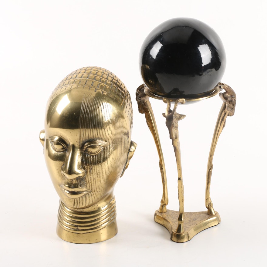 African Ife-Style Brass Bust and Black Lacquered Gazing Ball with Brass Base