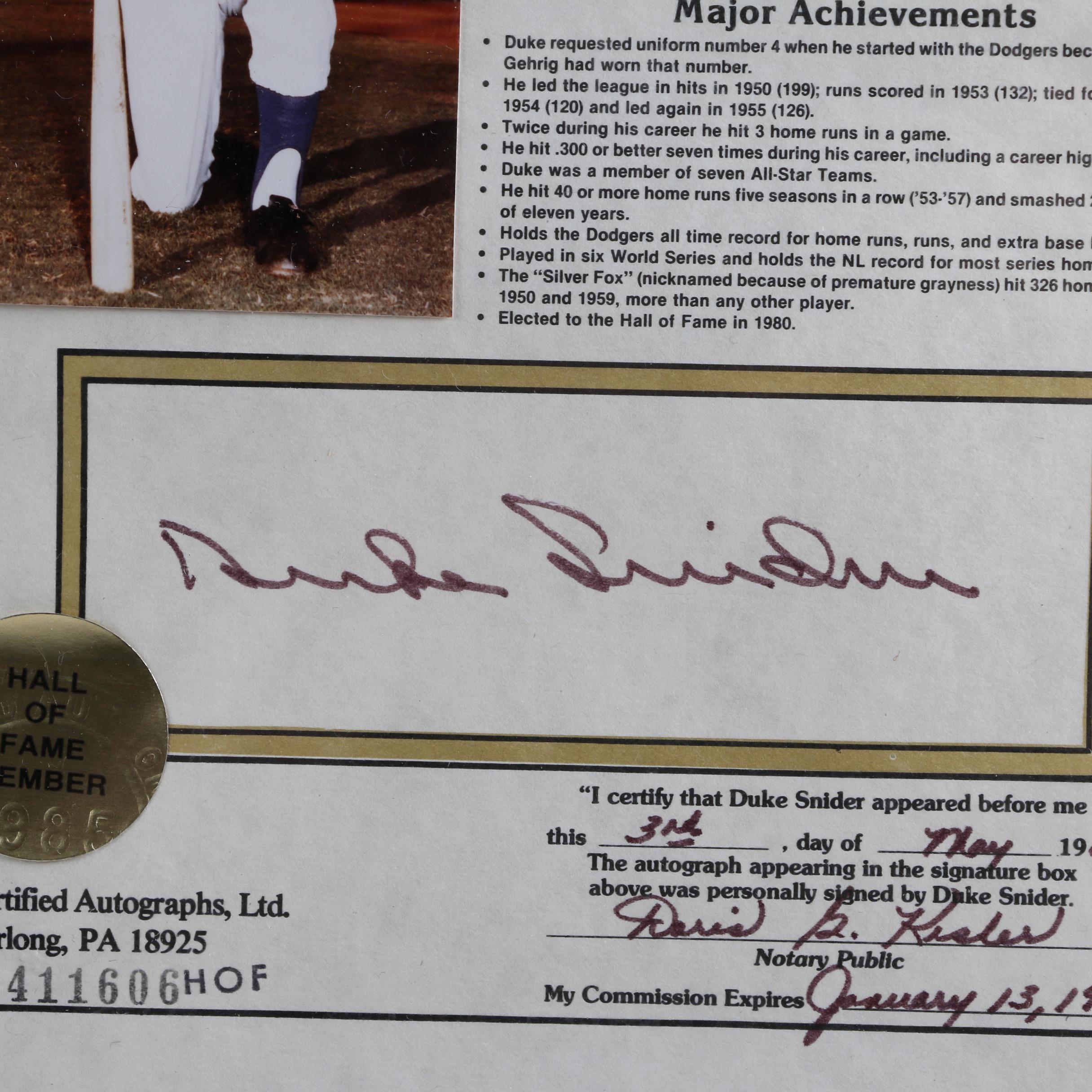 Duke Snider Autographed Display and Topps Turkey Red Card