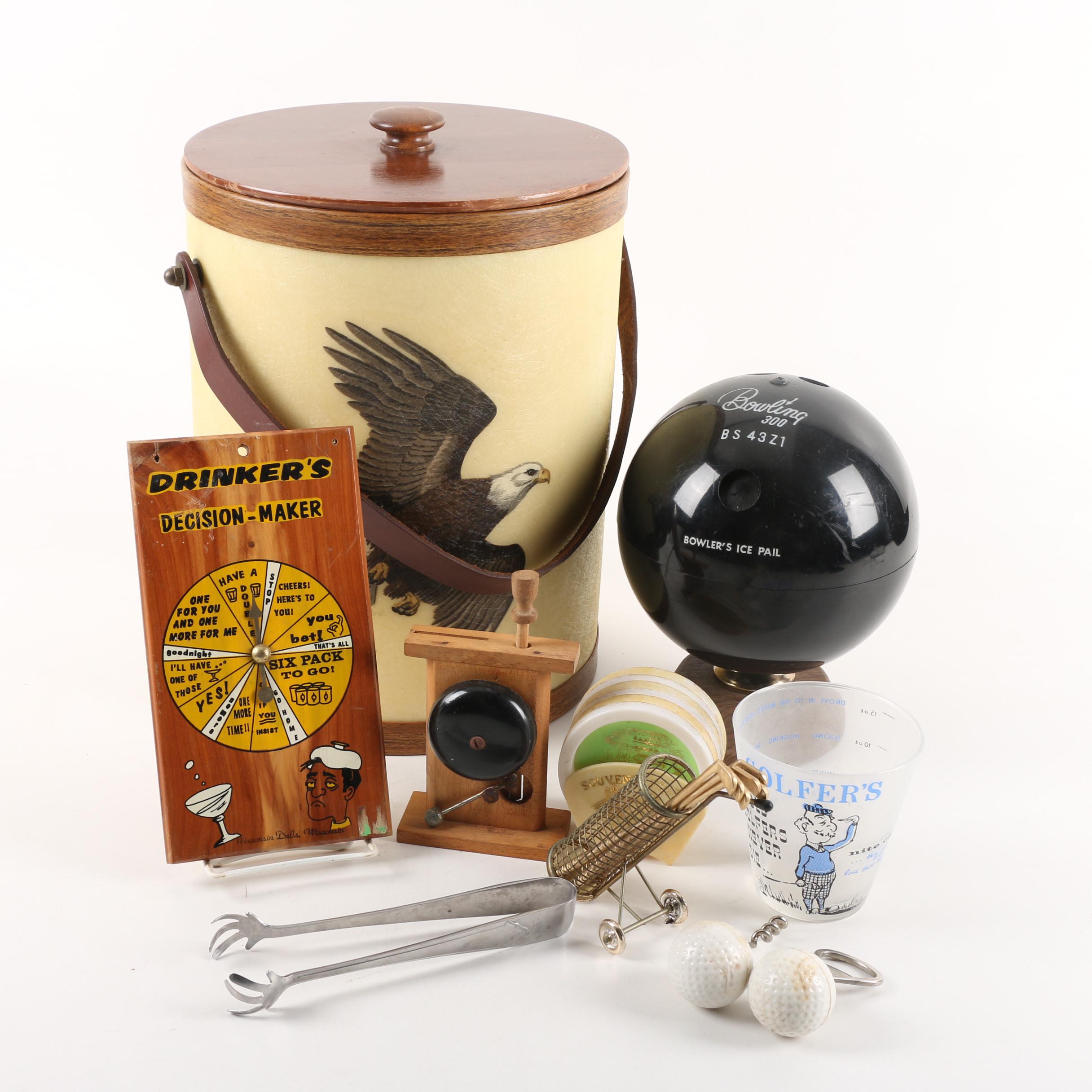 Vintage Barware Including Bowler's Ice Pail and Bacova Guild Ice Bucket