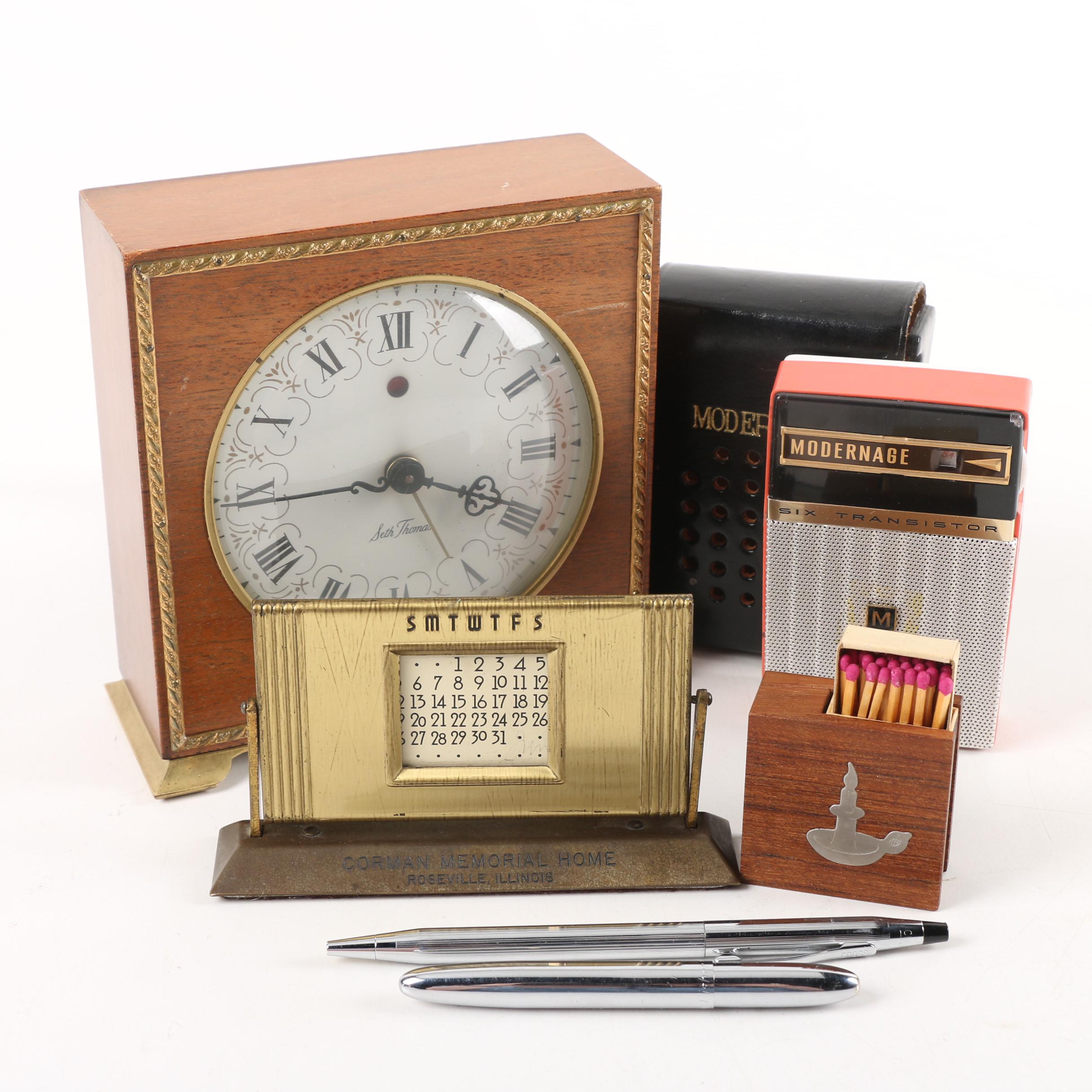 1970s Seth Thomas "Poise" Alarm Clock and Modernage Six Transistor Radio