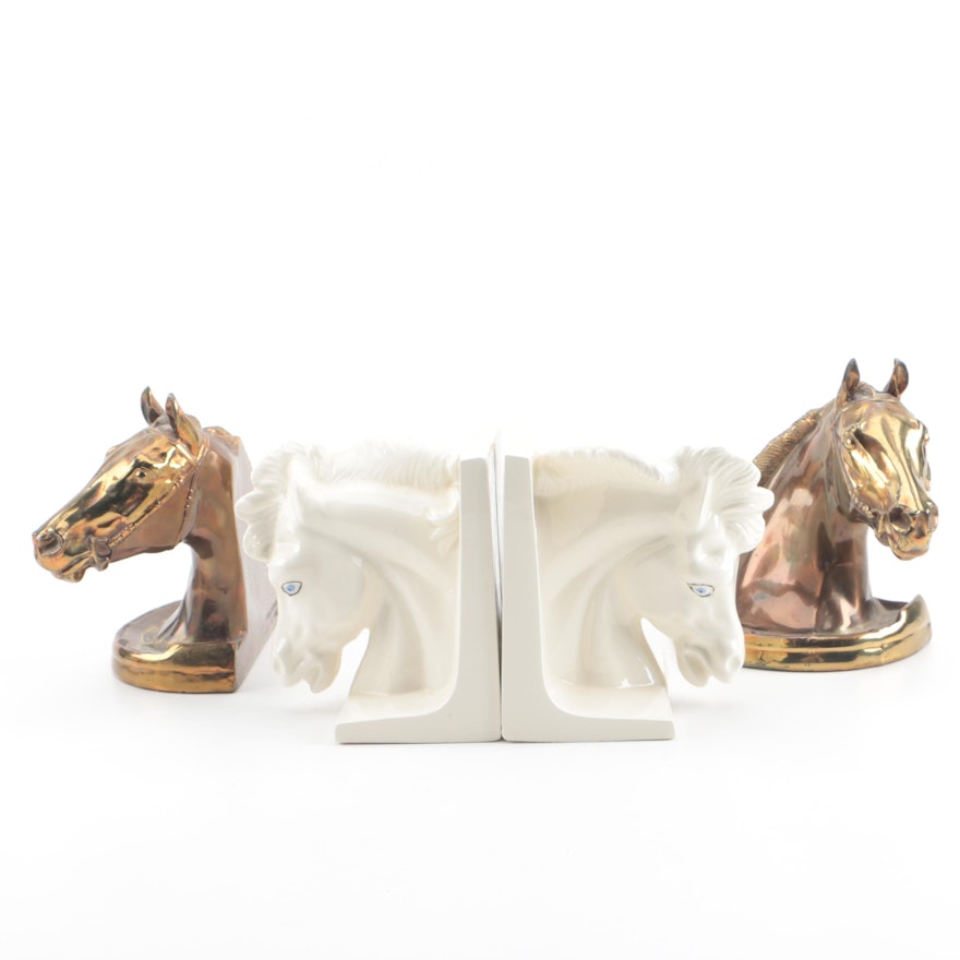 White Ceramic and Brass Horse Head Bookends