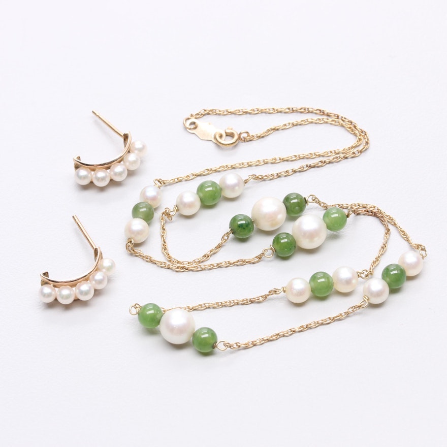 14K Yellow Gold Cultured Pearl and Nephrite Necklace and Earrings