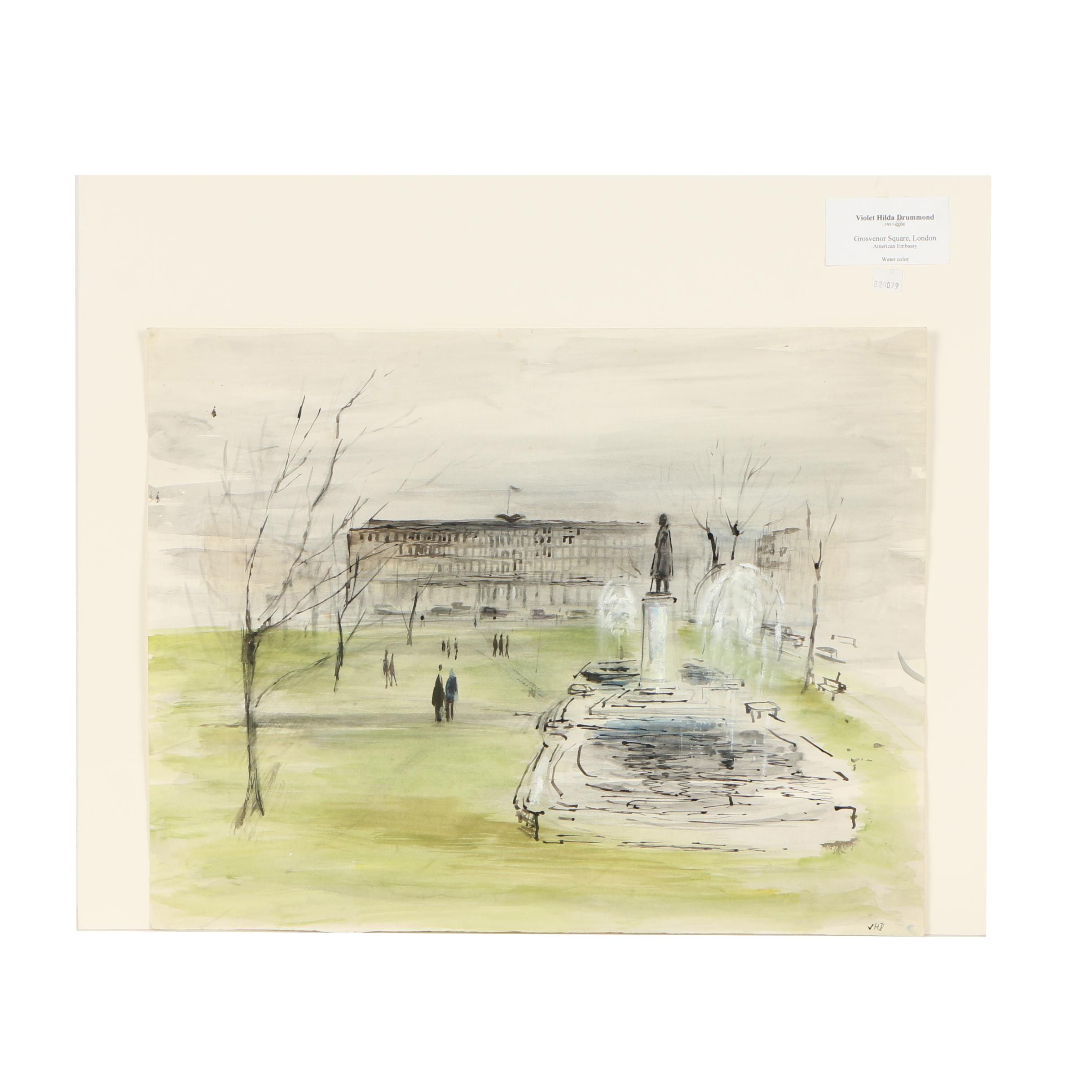 Violet Hilda Drummond Ink and Watercolor Painting "Grosvenor Square, London"