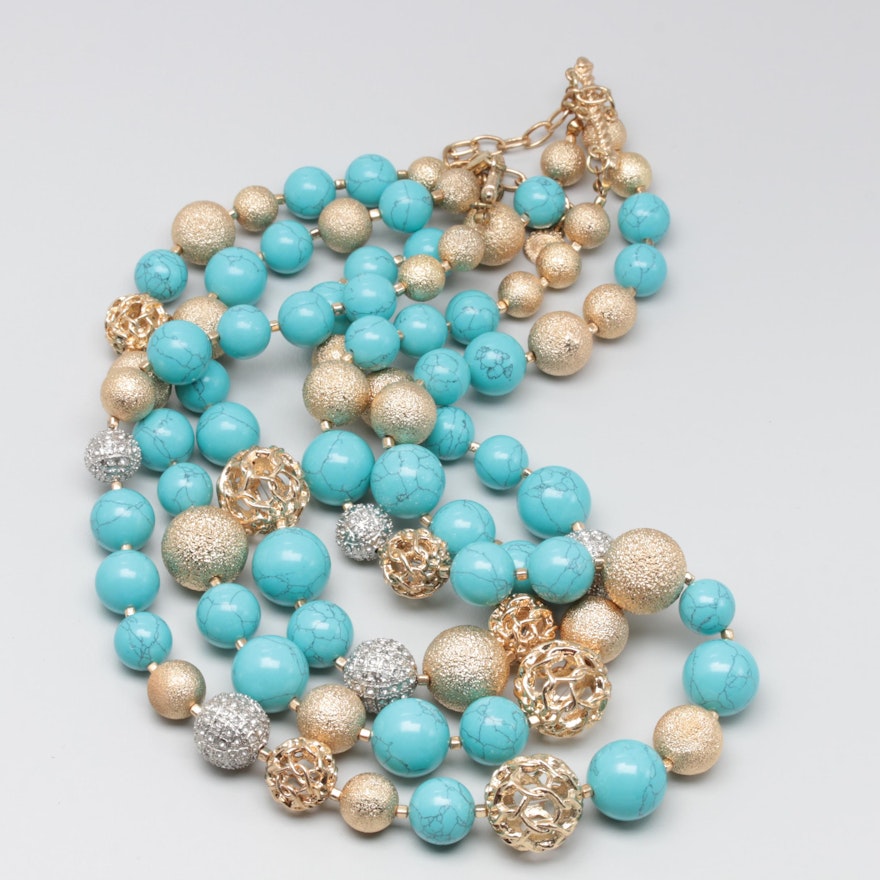 Graziano Tiered Beaded Statement Necklace with Imitation Turquoise and Foilbacks