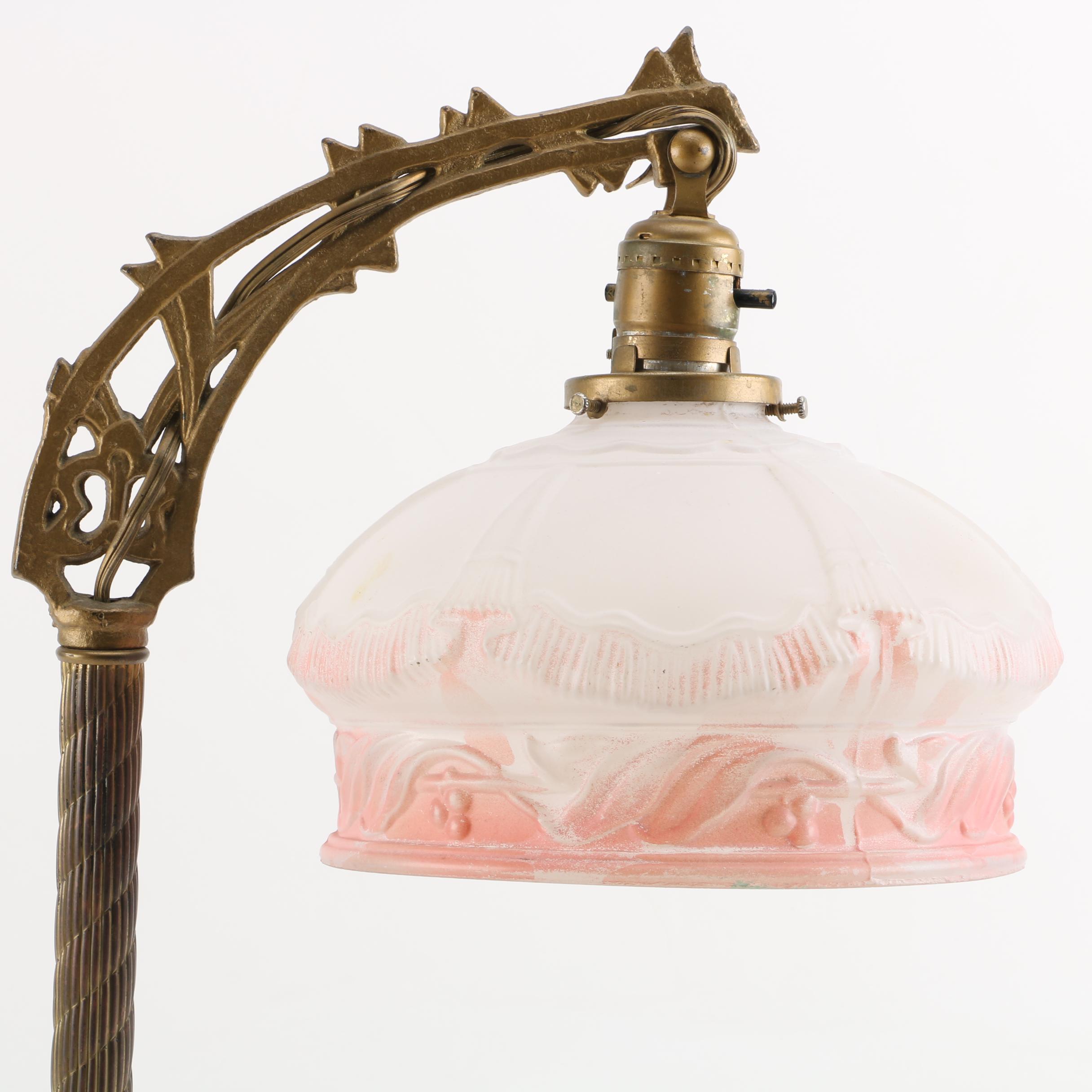 Vintage White and Pink Glass Globe Arched Arm Table Lamp