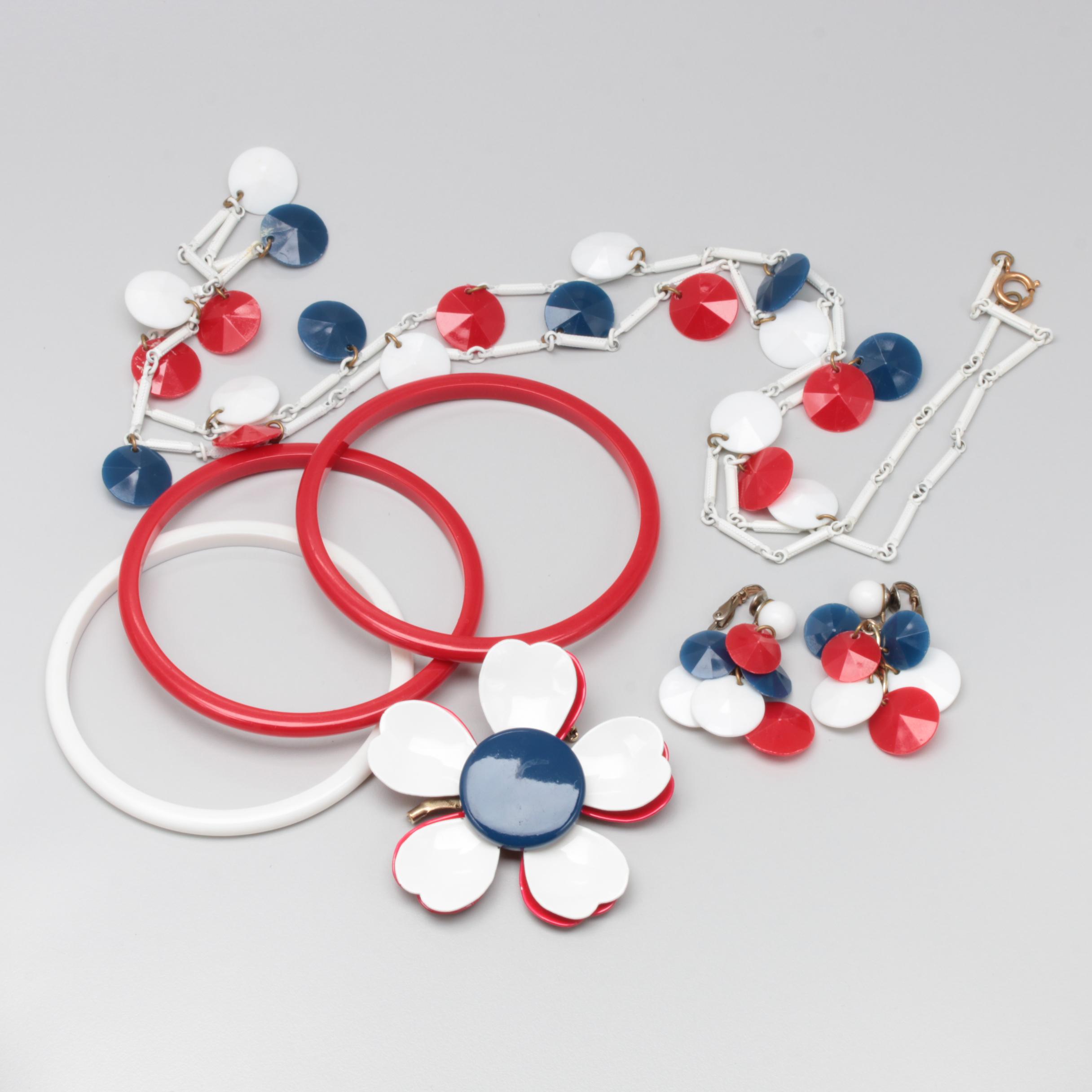 Vintage Circa 1960s Red, White, and Blue Resin Jewelry Assortment