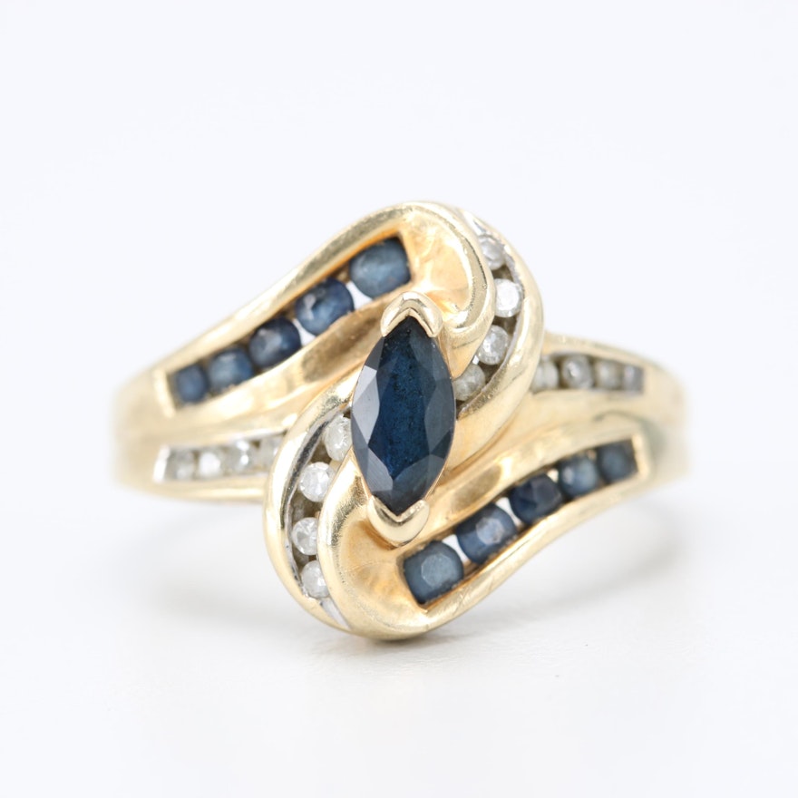 10K Yellow Gold Blue Sapphire and Diamond Scrolled Ring